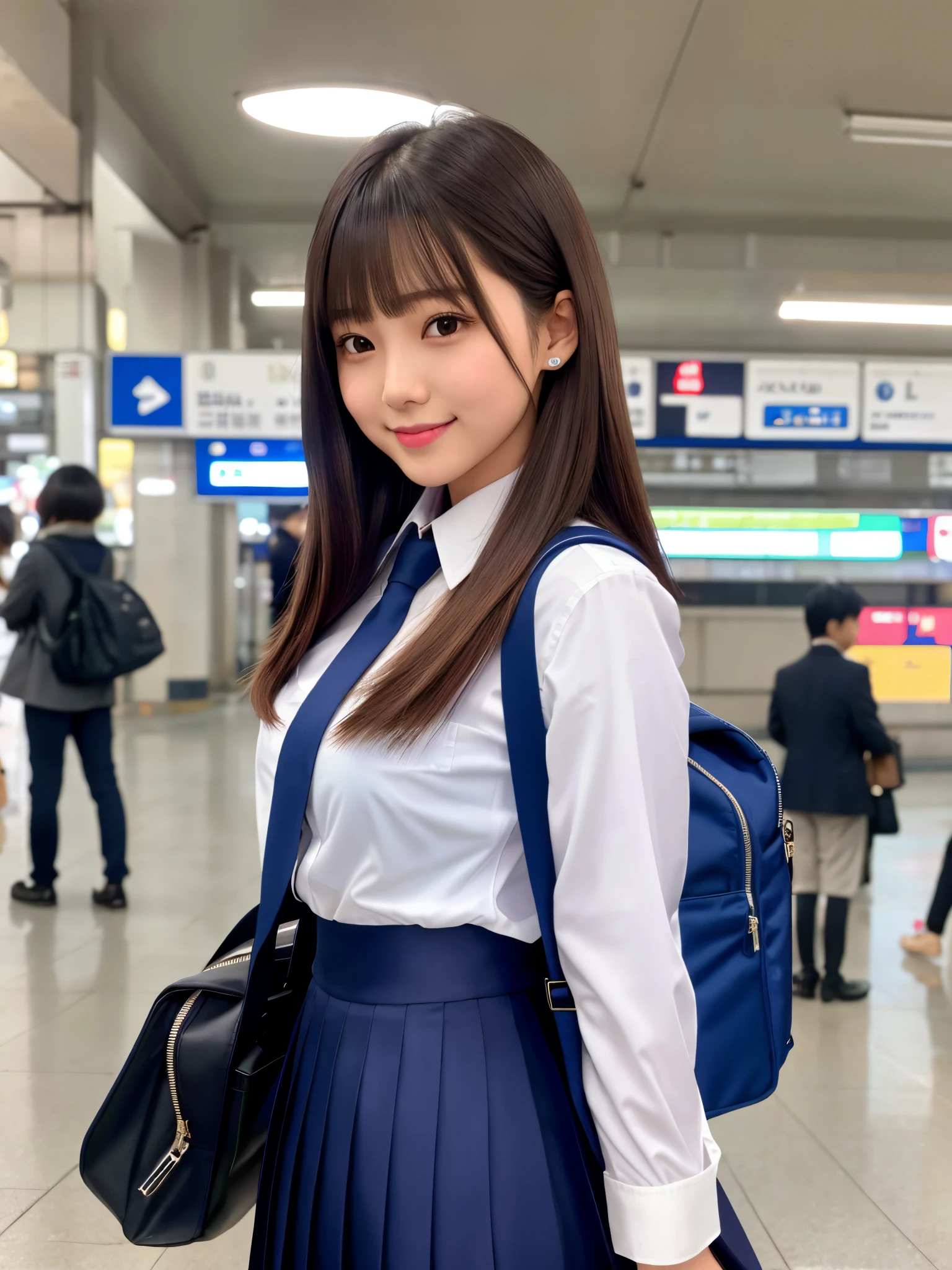 product quality, 1girl, upper body shot, front view, a Japanese young pretty girl, long bob hair, waiting for a train alone with a big smile at a crowded platform in a big station in the evening, glamorous figure, wearing a dark blue blazer over a white collared silky satin shirt, shiny satin dark blue plain long tie, dark blue pleated long skirt, school bag over her shoulder, hyper cute face, glossy lips, double eyelids in both eyes, natural makeup, long eyelashes, shiny smooth light brown long bob hair, asymmetrical bangs, a tanned skin, central image, high resolution, high detail, detailed hairstyle, detailed face, spectacular cinematic lighting, octane rendering, vibrant, hyper realistic, perfect limbs, perfect anatomy