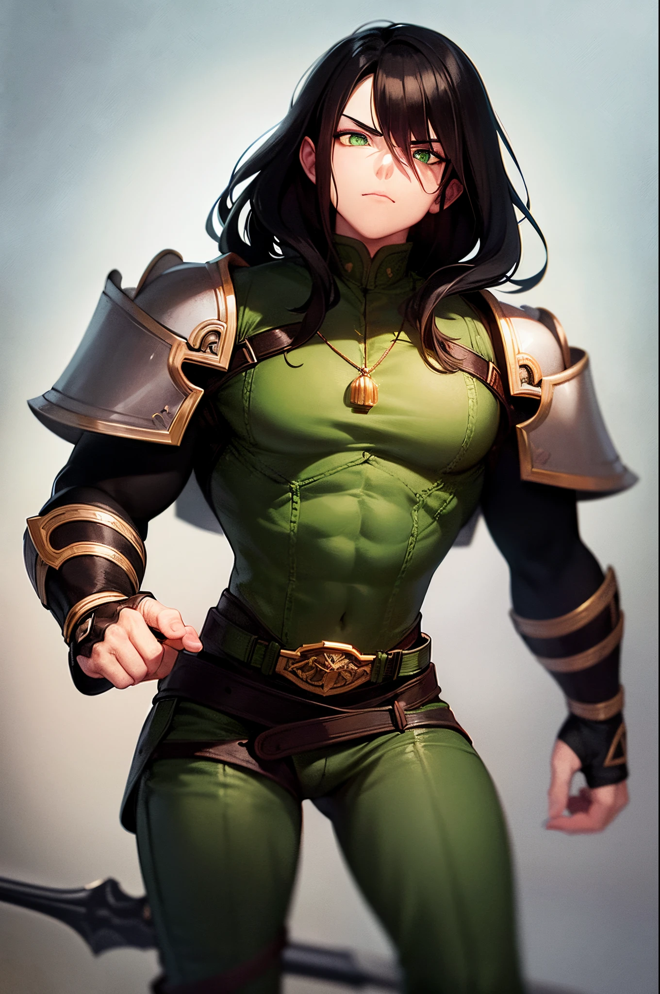 Black hair, green eyes, dnd male halfling, serious facial expression, rogue, light armor, full body portrait, wearing monocle, holding polearm, flat chest, defined muscle