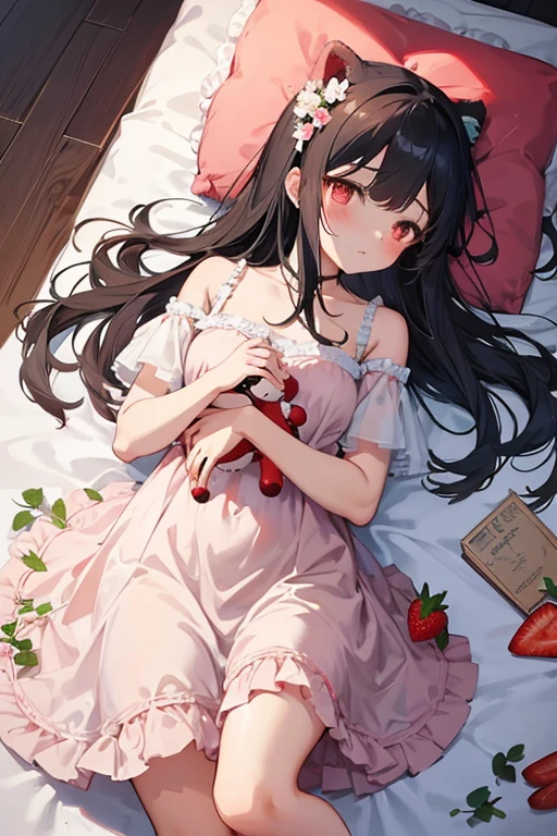 Girl with semi-long wavy brown hair, lying on her back hugging a pillow, in tender white pajamas and patterned strawberries, tender girl's scenery, emerald eyes,