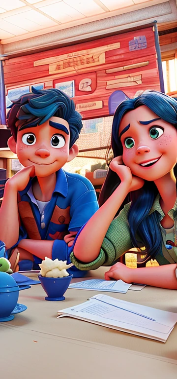 there are two people sitting at a table with a blue brush, jordan grimmer and natasha tan, tyler edlin and natasha tan, pablo carpio and jordan grimmer, ruan jia and brom, they are siblings, actors, bowater charlie and brom gerald, with wart, josan gonzales!!!, with her long, by John Luke, 😭 🤮 💕 🎀