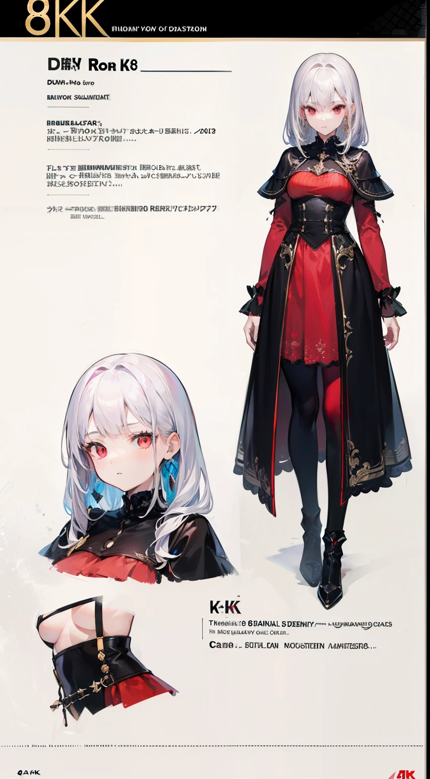 (((8K,top-quality)))ung girl, character sheets, concept-art, full body Esbian, (masterpiece:1.2), (Top image quality:1.3), 1girl in, is standing, length hair,Diabolical,Silvery hair,Red Eyes