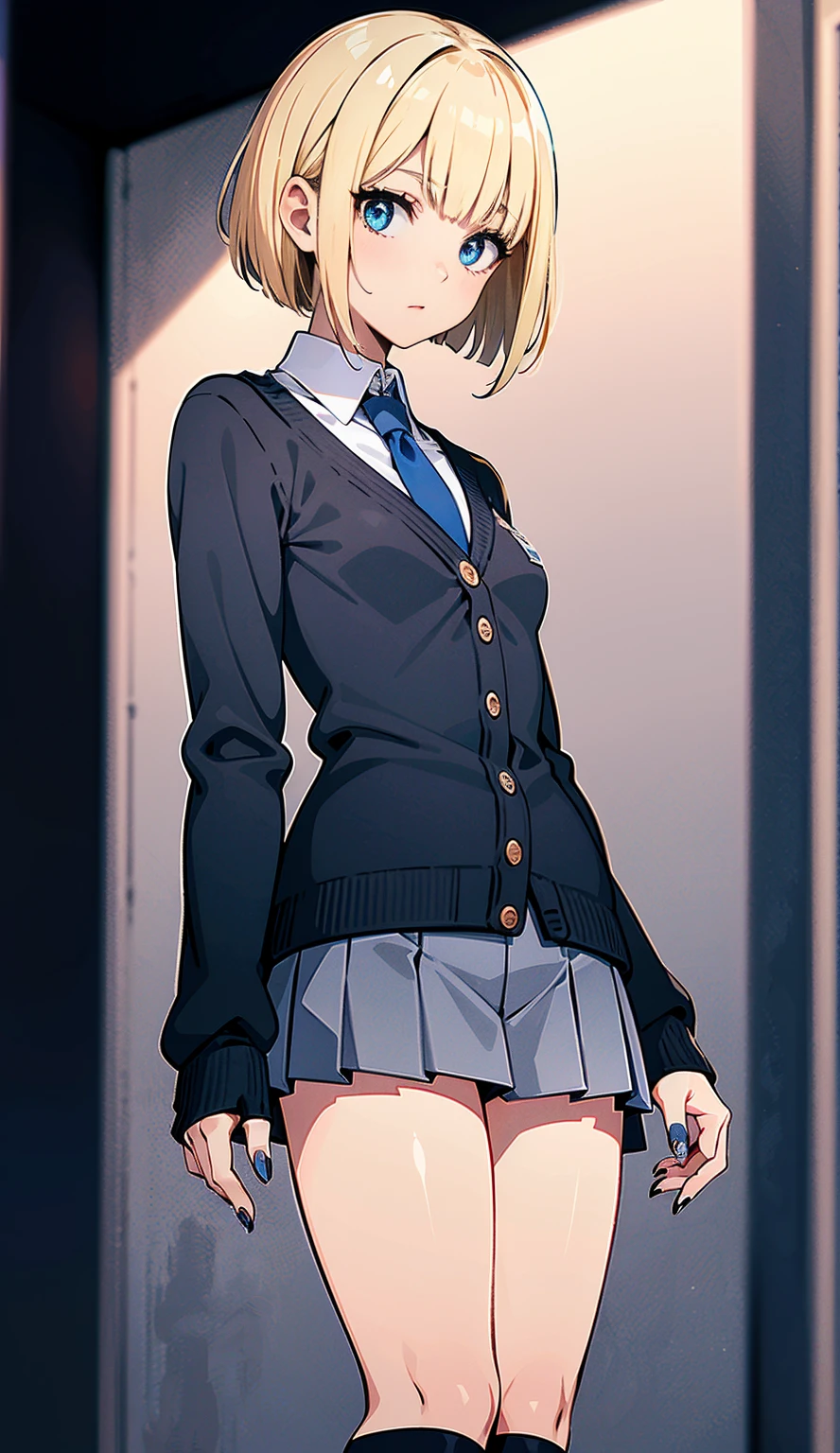 best quality, ultra high res, 1girl, (((whole body))), facing front, Fair skin, blunt bangs, short bob hair, jitome, ((blonde hair)), ((small breasts)), slender body, white brouse, long sleeve, dark blue mini skirt, (black knee high socks), loafers, (school costume), smile, tooth, black panty, grabs smartphone on right hands, monochromatic dark blue tie, looking up, black cardigan, eyelashes, blue eyes, Intricate Iris Details