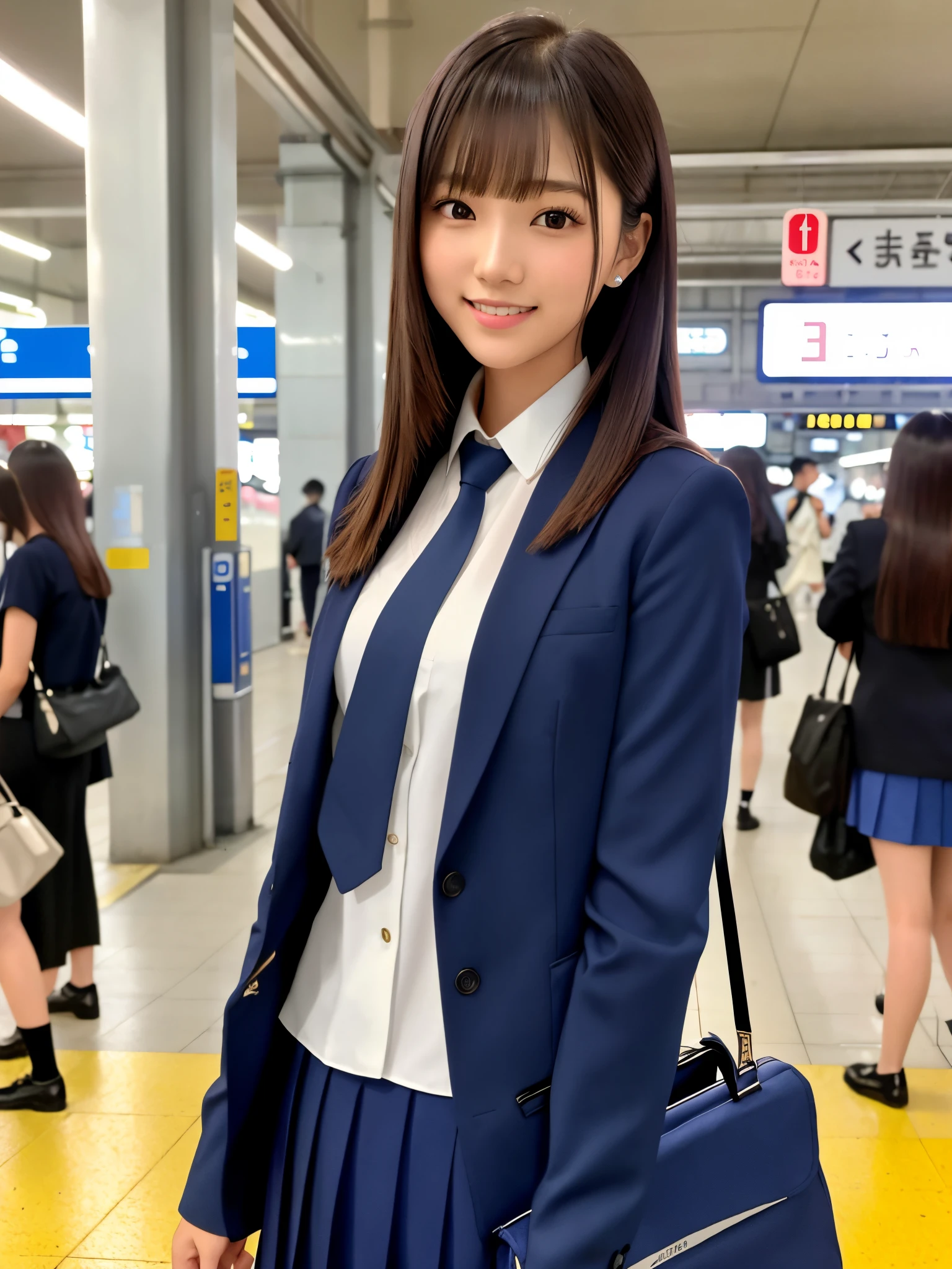 product quality, 1girl, upper body shot, front view, a Japanese young pretty girl, long bob hair, waiting for a train alone with a big smile at a crowded platform in a big station in the evening, glamorous figure, wearing a dark blue blazer over a white collared silky satin shirt, shiny satin dark blue plain long tie, dark blue pleated long skirt, school bag over her shoulder, hyper cute face, glossy lips, double eyelids in both eyes, natural makeup, long eyelashes, shiny smooth light brown long bob hair, asymmetrical bangs, a tanned skin, central image, high resolution, high detail, detailed hairstyle, detailed face, spectacular cinematic lighting, octane rendering, vibrant, hyper realistic, perfect limbs, perfect anatomy