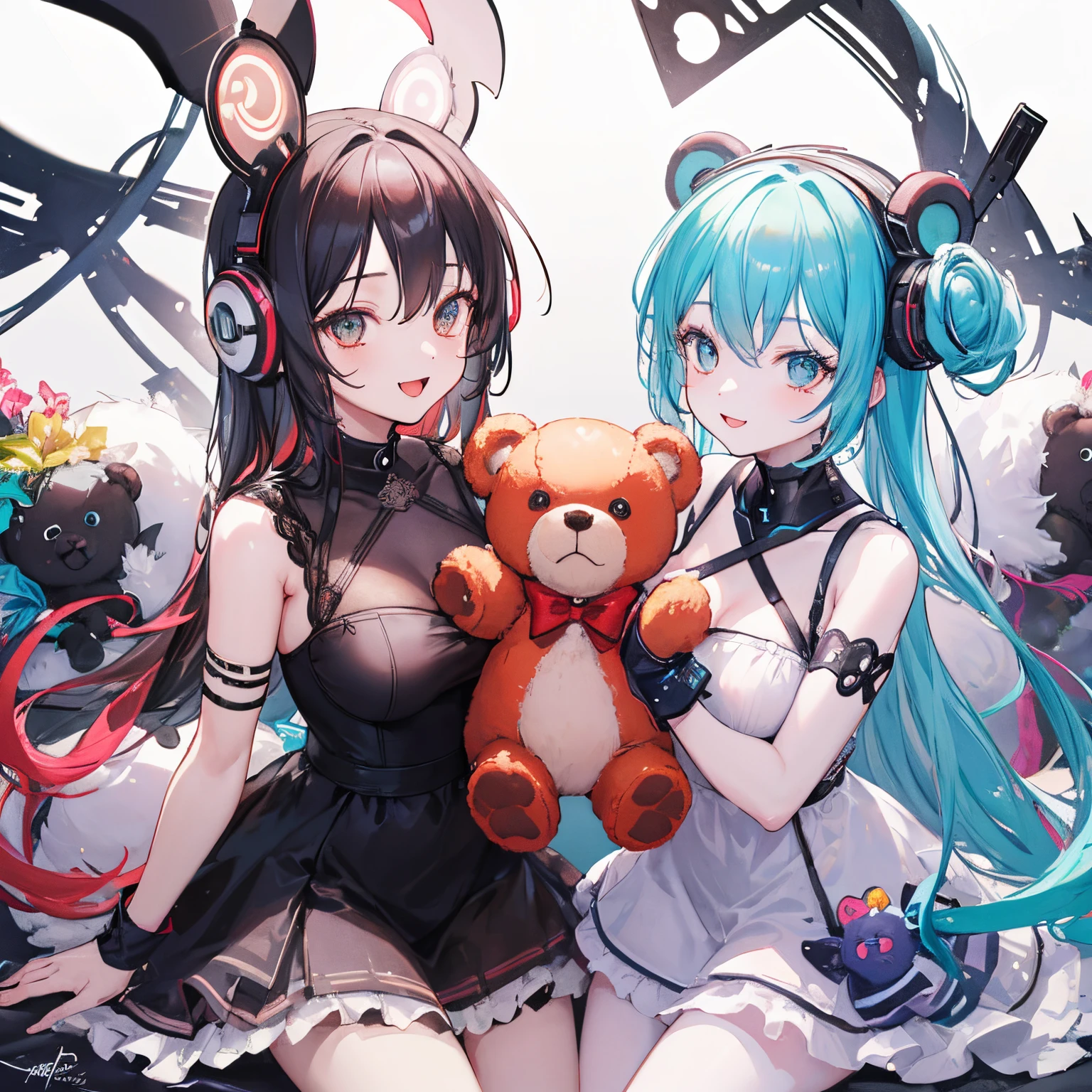 cyber punk style,3 happy teddy bears,Extremely cute furry artist Teddy Bear baby wearing a dress and having fun,Don't be characterized,Gorgeous dreamy imaginative background,Ultra HD large image,artist style,Rich and professional lighting effects,3 little teddy bears playing,Perfect facial detail,Don't be characterized