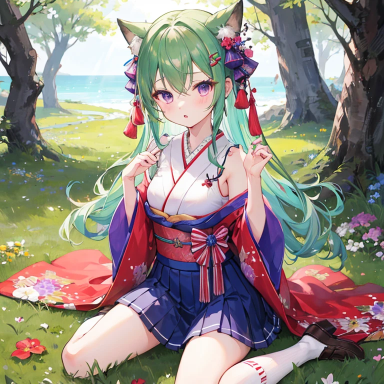 1girl, solo, long_hair, looking_at_viewer, blush, bangs, skirt, hair_ornament, long_sleeves, bow, hair_between_eyes, bare_shoulders, sitting, very_long_hair, purple_eyes, flower, hair_bow, pleated_skirt, frills, parted_lips, outdoors, japanese_clothes, green_hair, shoes, day, sleeveless, socks, miniskirt, wide_sleeves, kimono, off_shoulder, :o, two_side_up, tree, blue_skirt, sleeves_past_wrists, kneehighs, sash, hands_up, wariza, obi, brown_footwear, sunlight, grass, white_socks, loafers, ribbon_trim, ribbon-trimmed_sleeves, purple_skirt, purple_bow, star_hair_ornament, red_kimono, short_kimono, ribbon-trimmed_legwear, sleeveless_kimono, pinching_sleeves