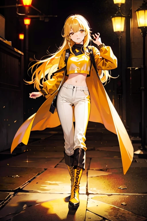 a girl, full body, (masterpiece:2, best quality, high quality, best quality, ultra high res), (real picture, intricate details), (1 lady solo, full body, small breasts), 1girl, beautiful, full body, (long hair:1.2, himecut:1.2, bright blonde hair: 1, yellow hair, light orange blond:1), (closed mouth:1), (wide open eyes:1.2), soft smile with yellow eyes, warm yellow shirts, cropped top, long yellow tailcoat, long sleeve, yellow long cotton pants, knee-high boots