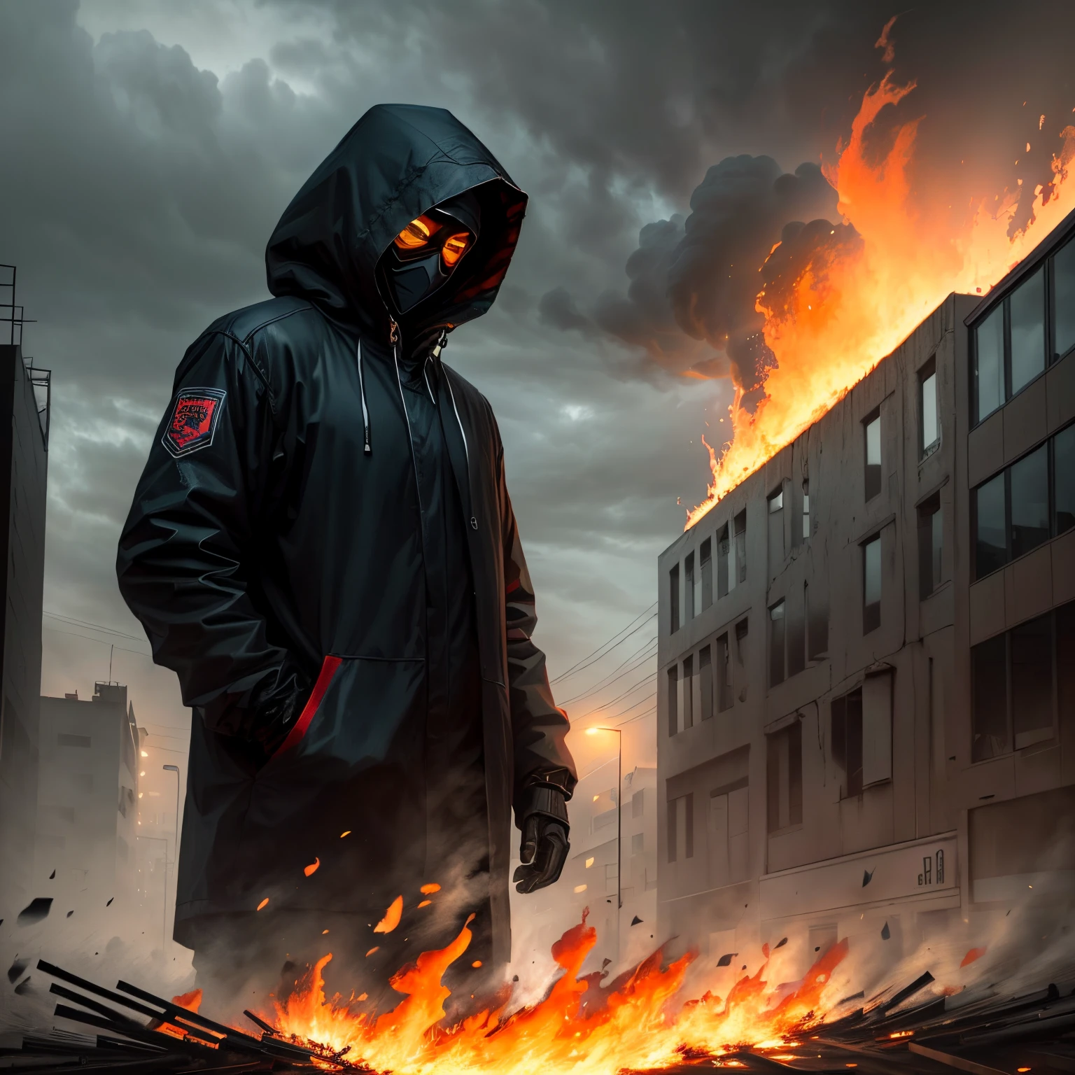 Shadowy masked figure, grey sky, burning city in background