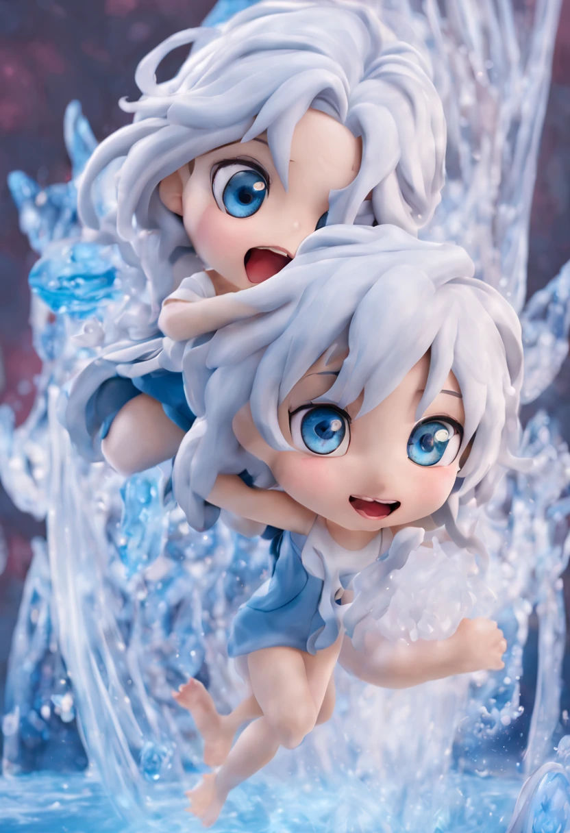 (​masterpiece), realistic, cinematic light,10-year-old, 3 girls are frolicking under the fountain, full body, from below and side, beautiful eyes, silver hair, perfect anatomy, very cute, (blue eyes), bio luminescent, 8 class large, 8K, human hands, character sheets, concept-art, smooth and detailed hairstyle, Fractal art, splash, eyes shed tears while holding back the pain, open mouth and stick your tongue out,