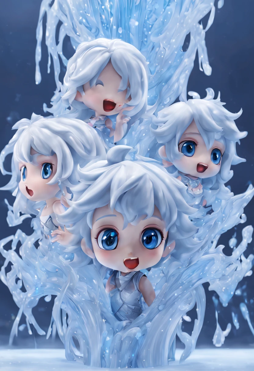 (​masterpiece), realistic, cinematic light,10-year-old, 3 girls are frolicking under the fountain, full body, from below and side, beautiful eyes, silver hair, perfect anatomy, very cute, (blue eyes), bio luminescent, 8 class large, 8K, human hands, character sheets, concept-art, smooth and detailed hairstyle, Fractal art, splash, eyes shed tears while holding back the pain, open mouth and stick your tongue out,