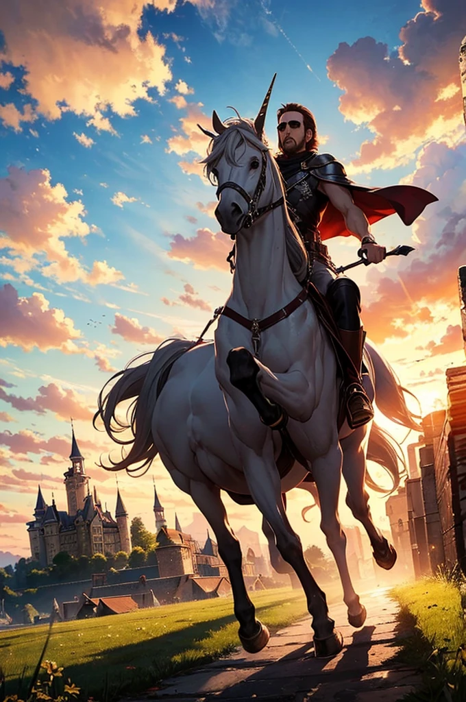masterpiece, highest quality, nicolas cage riding a majestic unicorn, fantasy, castle, sunset, beautiful sky, bautiful landscape