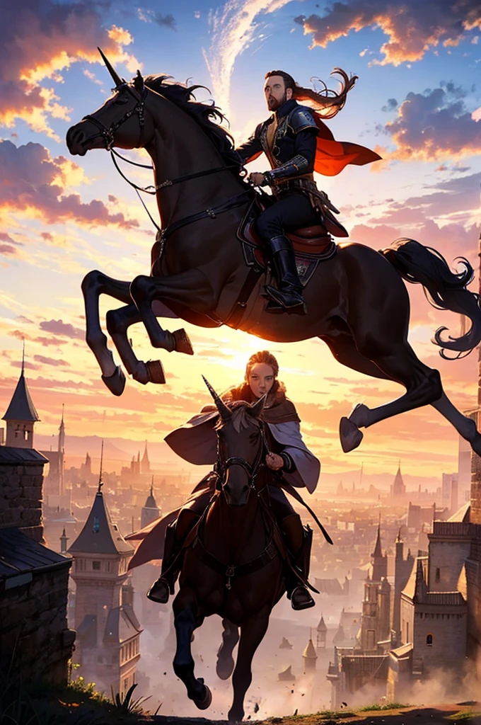 masterpiece, highest quality, nicolas cage riding a majestic unicorn, fantasy, castle, sunset, beautiful sky, bautiful landscape