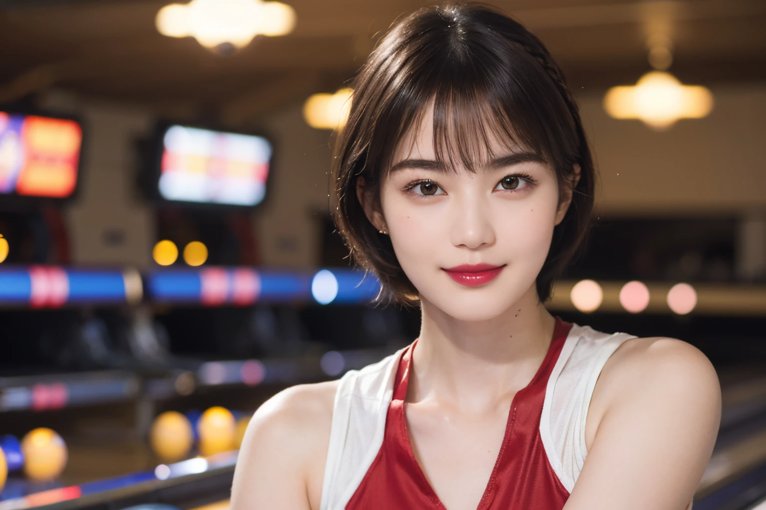 116
(a 20 yo woman,bowling), (A hyper-realistic), (high-level image quality), ((beautiful hairstyle 46)), ((short-hair)), (Gentle smile), (breasted:1.1), (lipsticks), (Bowling alley)