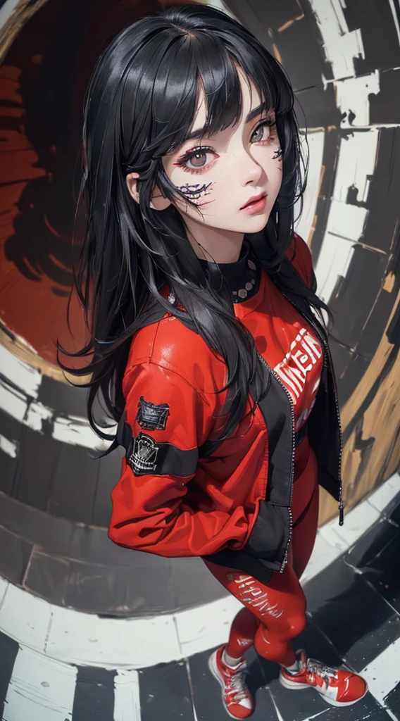 ((8k wallpaper of extremely detailed CG unit:1.2, ​masterpiece, hight resolution:1.2, top-quality:1.2, masutepiece)), ((a very beautiful woman, Hands in pockets:1.8, Street fashion:1.2, Wearing a blouson:1.2, wearing red leggings, Wearing shoes)), ((extra detailed face, Highly detailed black eyes, Contrasting eyes, extra detailed body, Top quality real texture skins:1.2)), (A dark-haired, length hair, de pele branca), ((colorful paint wall)), (high-angle:1.2, Fisheye:1.3), hyper realisitic, digitial painting,