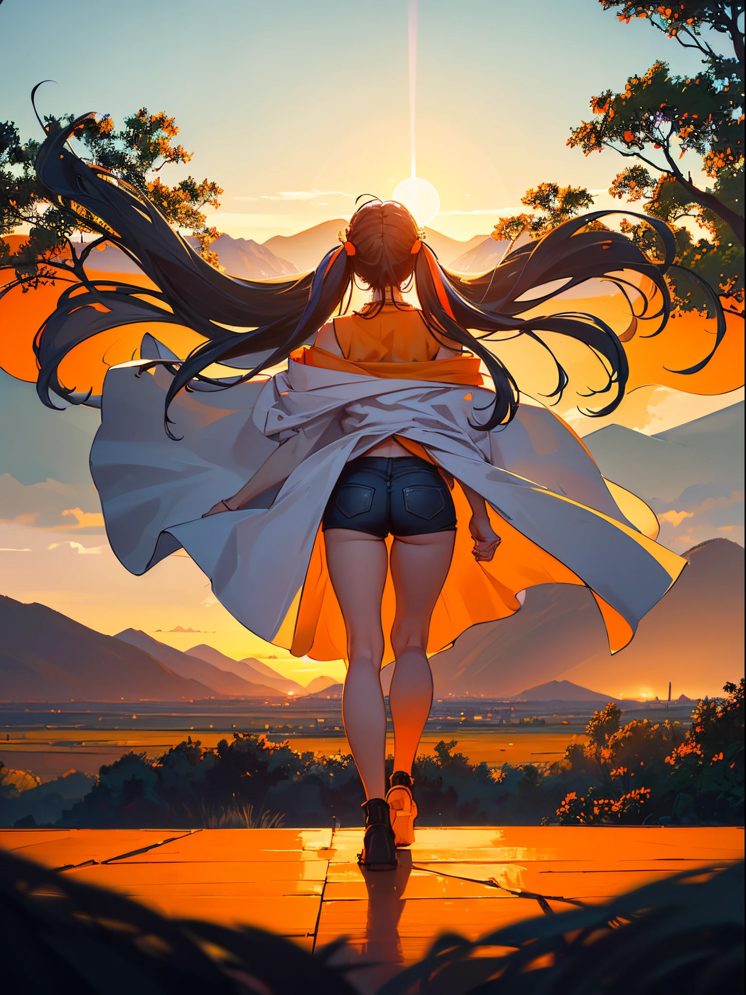 A woman enjoying the view of the horizon and sunset, long hair in the wind, with her back to the viewer, white shirt, short shorts, thick legs, big ass, full body, (((Horizon with the orange sun between mountains and lots of trees))) amazing landscape, perfect photography, {extremely detailed 16k CG unit wallpaper}, expansive landscape photography, (a centralized view with focus on the character and the setting), (wide open field view), (low angle photo), (high light: 1.4), (low light: 1.2), (warm light source: 1.7), complex details, (iridescent colors: 1.5), (bright lighting), (atmospheric lighting), Dreamer, unique,