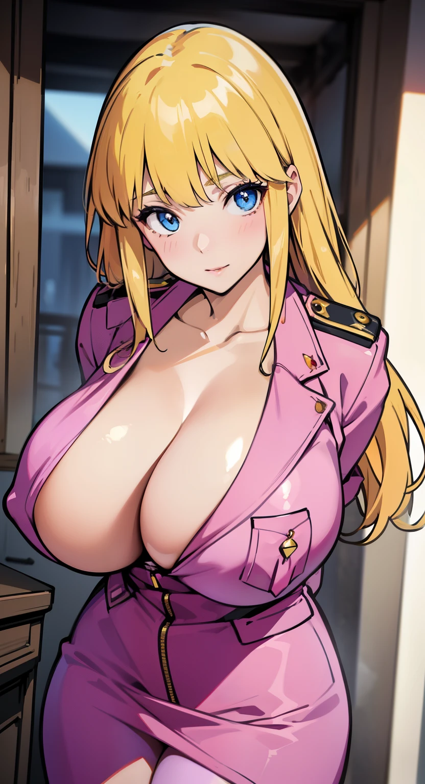 (Best quality at best,4K,8K,A high resolution,tmasterpiece:1.2),ultra - detailed,(actual,realistically,realistically:1.37),Ultra HD face, HighDynamicRange,hyper HD,Studio lighting,Ultra-fine painting,Focus sharp,physically-based renderingt,Extremely detailed description,professional,terror,japanese manga,sci-fy,photography of,Concept artist,in seductive scenes, Reiko, a stunning blonde, Put on pink police uniform,Hug her every curve. The vibrant hue of her mesmerizing blue eyes is mesmerizing, Stylish tassels add to her charm, a person wearing a skirt and jacket、Close-up of woman with tied hair, V-shaped bust clothes, Lop, Clothing that exposes, Look at the camera sexily, sexy for :8, Fair and translucent skin, Colossal tits, Crazy breast swelling, Chest larger than shoulder blades, Fitness model, Ruddy cheeks, breath through