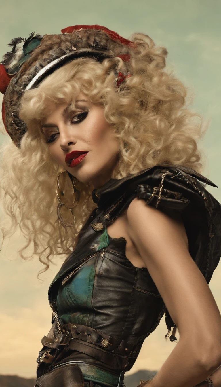 Editorial portrait of Madonna by Jamie Hewlett in the style of Tank Girl illustration, vivid colors, dynamic composition, detailed hyper-realistic outfit, pop culture, gadegtpunk, style expressive,