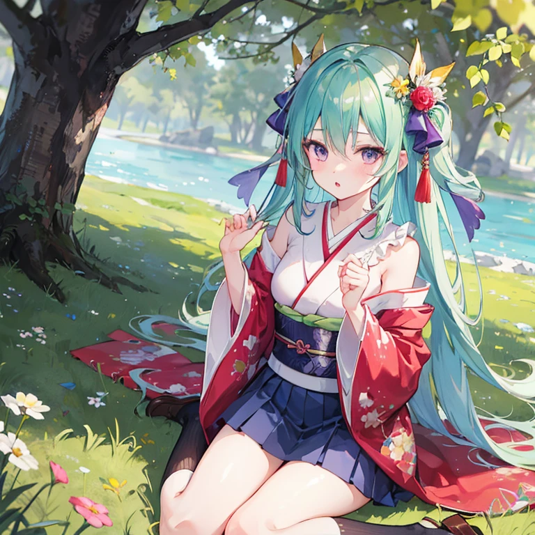 1girl, solo, long_hair, looking_at_viewer, blush, bangs, skirt, hair_ornament, long_sleeves, bow, hair_between_eyes, bare_shoulders, sitting, very_long_hair, purple_eyes, flower, hair_bow, pleated_skirt, frills, parted_lips, outdoors, japanese_clothes, green_hair, shoes, day, sleeveless, socks, miniskirt, wide_sleeves, kimono, off_shoulder, :o, two_side_up, tree, blue_skirt, sleeves_past_wrists, kneehighs, sash, hands_up, wariza, obi, brown_footwear, sunlight, grass, white_socks, loafers, ribbon_trim, ribbon-trimmed_sleeves, purple_skirt, purple_bow, star_hair_ornament, red_kimono, short_kimono, ribbon-trimmed_legwear, sleeveless_kimono, pinching_sleeves