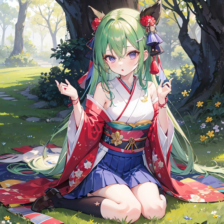 1girl, solo, long_hair, looking_at_viewer, blush, bangs, skirt, hair_ornament, long_sleeves, bow, hair_between_eyes, bare_shoulders, sitting, very_long_hair, purple_eyes, flower, hair_bow, pleated_skirt, frills, parted_lips, outdoors, japanese_clothes, green_hair, shoes, day, sleeveless, socks, miniskirt, wide_sleeves, kimono, off_shoulder, :o, two_side_up, tree, blue_skirt, sleeves_past_wrists, kneehighs, sash, hands_up, wariza, obi, brown_footwear, sunlight, grass, white_socks, loafers, ribbon_trim, ribbon-trimmed_sleeves, purple_skirt, purple_bow, star_hair_ornament, red_kimono, short_kimono, ribbon-trimmed_legwear, sleeveless_kimono, pinching_sleeves