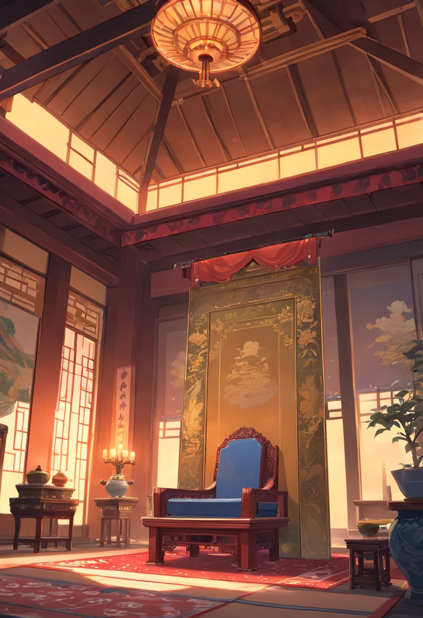 ((Wide angle view of the entire room)),((emperor&#39;s chair)) ((throne with canopy))jpn, ((Ming dynasty)), Beautiful furniture made by the best craftsmen, cabinet, Chandeliers, silk carpet, Silk curtains with royal pattern, 2 or 3 bonsai, royal room, Chandelier with candles, Light and shadow come through the window, eventide, electric light, extremelycomplicateddetails, Surreal, 8K, this is a style
