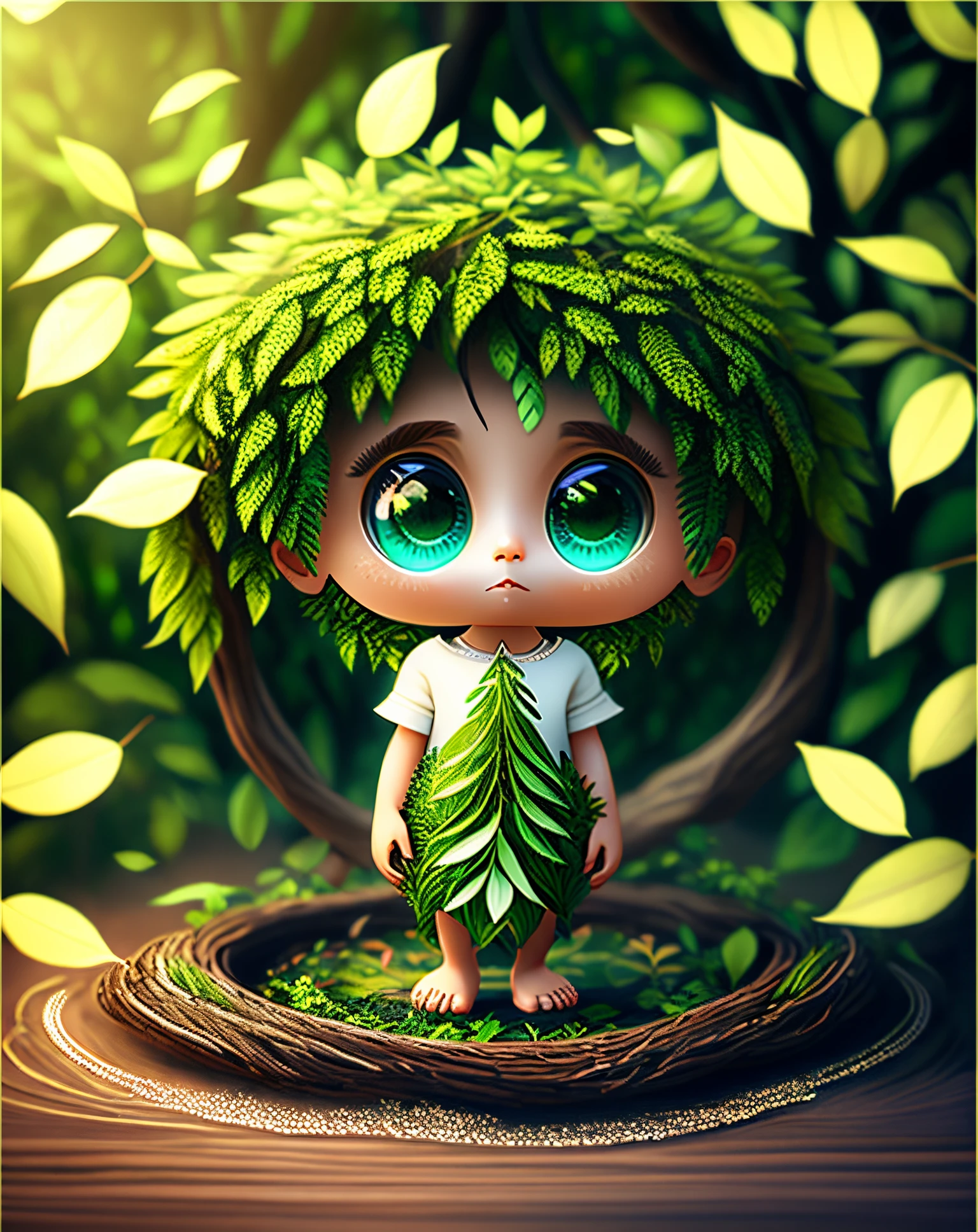 Imagine a human with leaves growing out of their body, as if they are becoming one with the forest. Their limbs and torso are covered in lush greenery, and their hair is made of branches and leaves. The setting is a dense, misty forest, and the overall feeling is one of harmony and connection with nature, perfect eyes, perfect face, cute big circular reflective eyes, Pixar render, unreal engine cinematic smooth, intricate detail