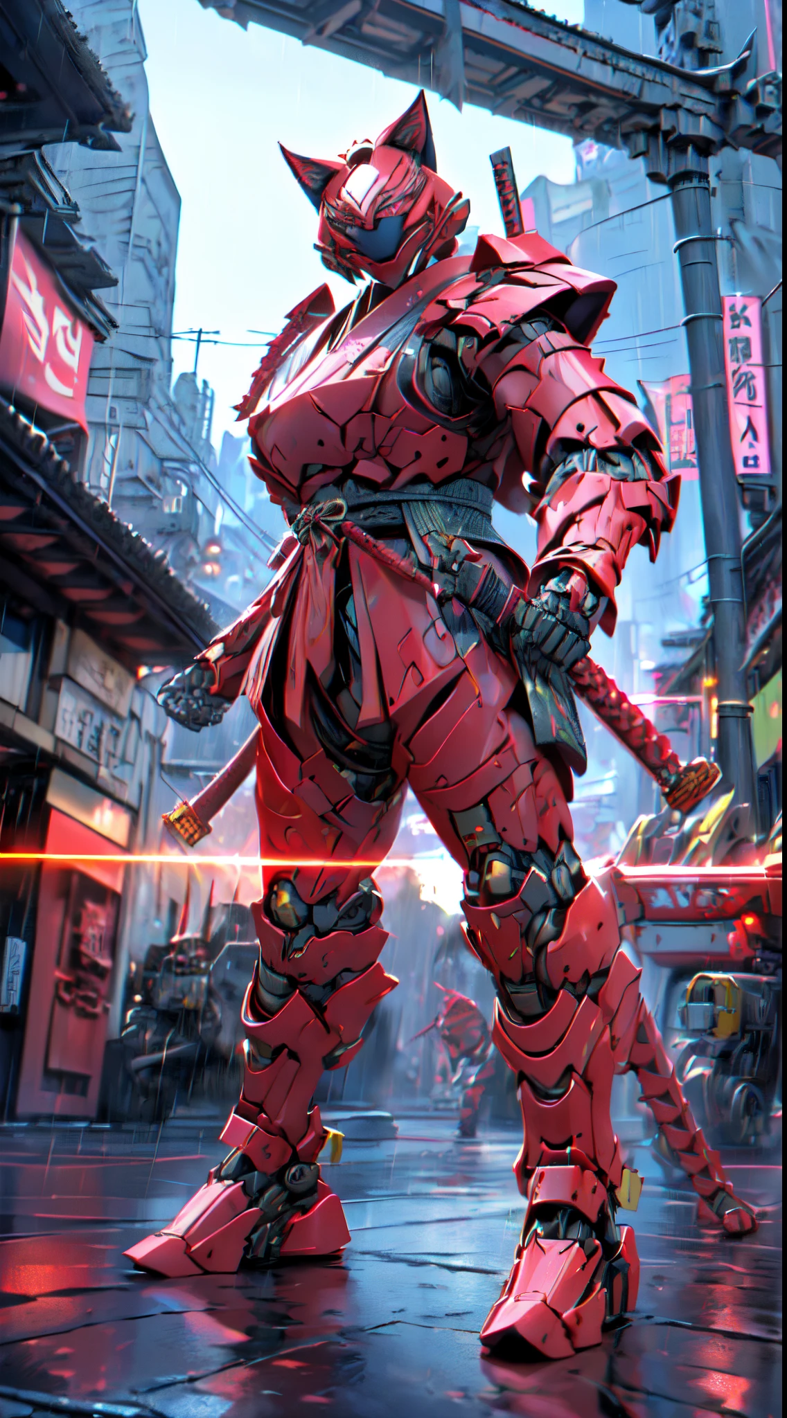 Guro:1.4 guerrero (((gato_robotic_ciborgsizado_samurais:1.3)))  gato_Ciberespacio_samurais , torn samurai suit , robotic samurai suit red color human form,samurais_ciborg_gato:1.3)) ((hiper realista hiper:1.3 componentes detallados:1.2))  ((HITECH1 visible robotic parts.3)) biocybernetic biomecha bioroboticcat necrotic skin necrotic lesion ((ciborg_gato))head Fangs Robotic feline cats bleeding wounds hydraulic hose connections (((anthropomorficfic)) pararse Pararse sobre dos piernas, (((Armadura Samurai Roja))) ((human size character)), , Japan, noche, Lightning and rain, castillo zen((red samurai robotic armor)bre dos piernas) Rainy Days Cyberpunk Future War Apocalypse Outside Japanese Castle VFX CGI Digital Illustration, fuentes digitales Fondo de pantalla Media 16k