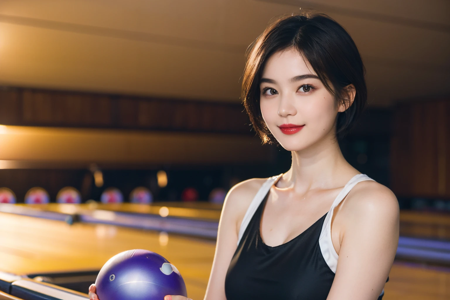 116
(a 20 yo woman,bowling), (A hyper-realistic), (high-level image quality), ((beautiful hairstyle 46)), ((short-hair)), (Gentle smile), (breasted:1.1), (lipsticks), (Bowling alley)