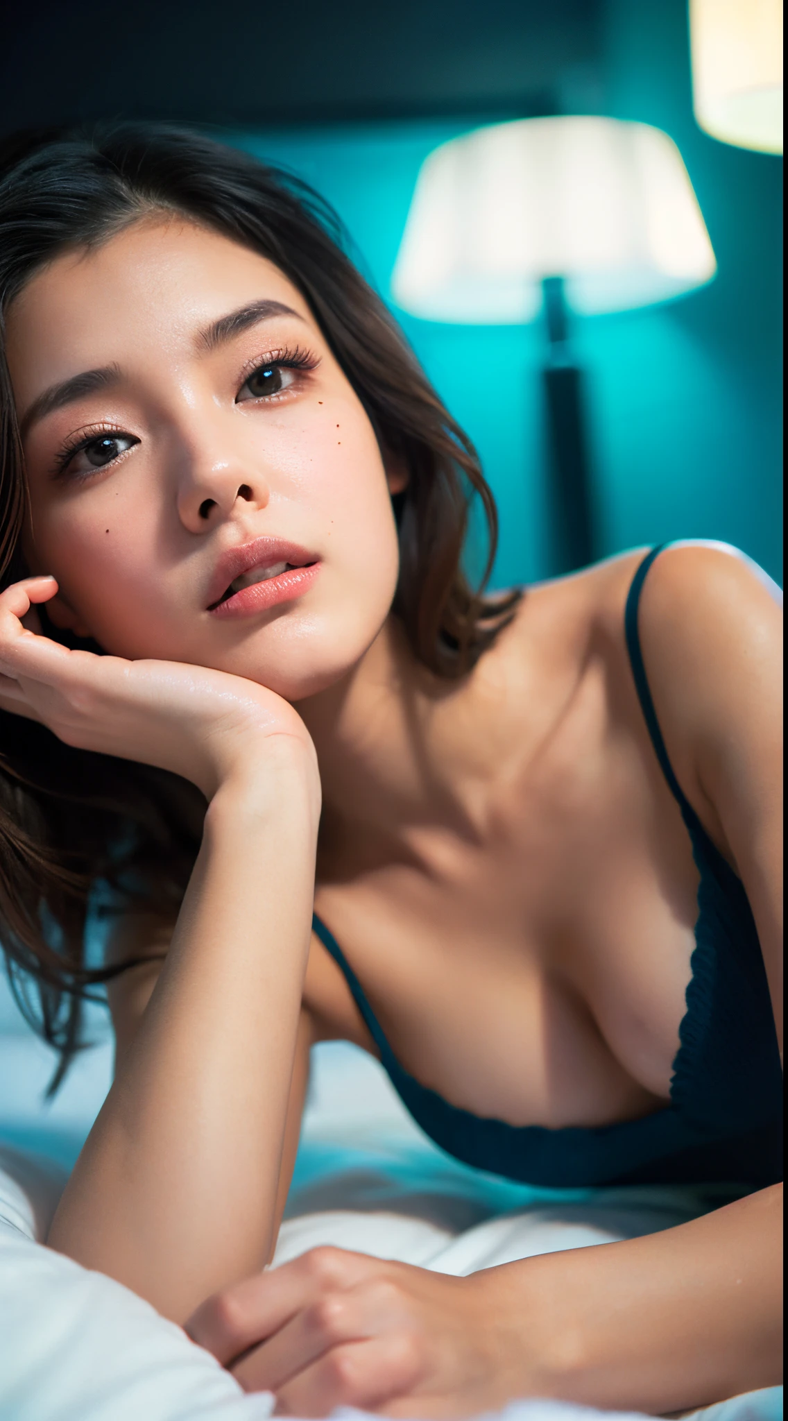 masterpiece , Best Quality, Ultra-detailed, RAW Photo, extremely delicate and beautiful,High resolution, 1girl in, 25 years old, Beautiful girl in Japan, Small breasts, Plump lips, Wavy Hair,Short hair, I have one small mole under my eye, Detailed eyes,detailed facial features, detailed arms,Detailed fingers,Detailed legs, Bedrooms,Sleeping in bed, red off-the-shoulder sweater, ((( drunk))), Perfect dynamic composition, Beautiful detailed eyes , the beach, (((Sexy face))), (((Face feeling ecstasy))), ((Face at the peak of sexual arousal)), ((Sensation of the face having sex)),(((underlighting))), (blue lights), Film grain, SLR camera, 35mm lens focal length,((( from below )))