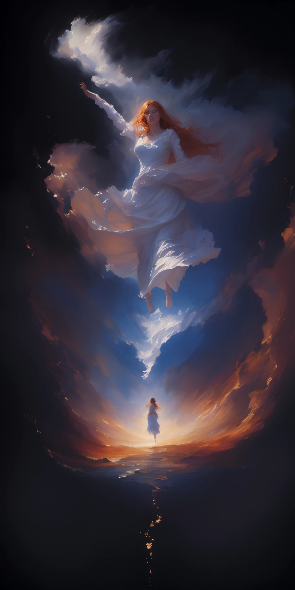 (incomplete painting), white background, oil painting with visible impressionistic strokes of a beautiful ginger woman, dynamic pose, abstract background, impressionistic style, (impressionism:1.1) soft pastels, tetradic colors, upper body shot, zoomed, emotionally evocative, expansive strokes, atmospheric, dynamic, dramatic, best quality, best resolution
