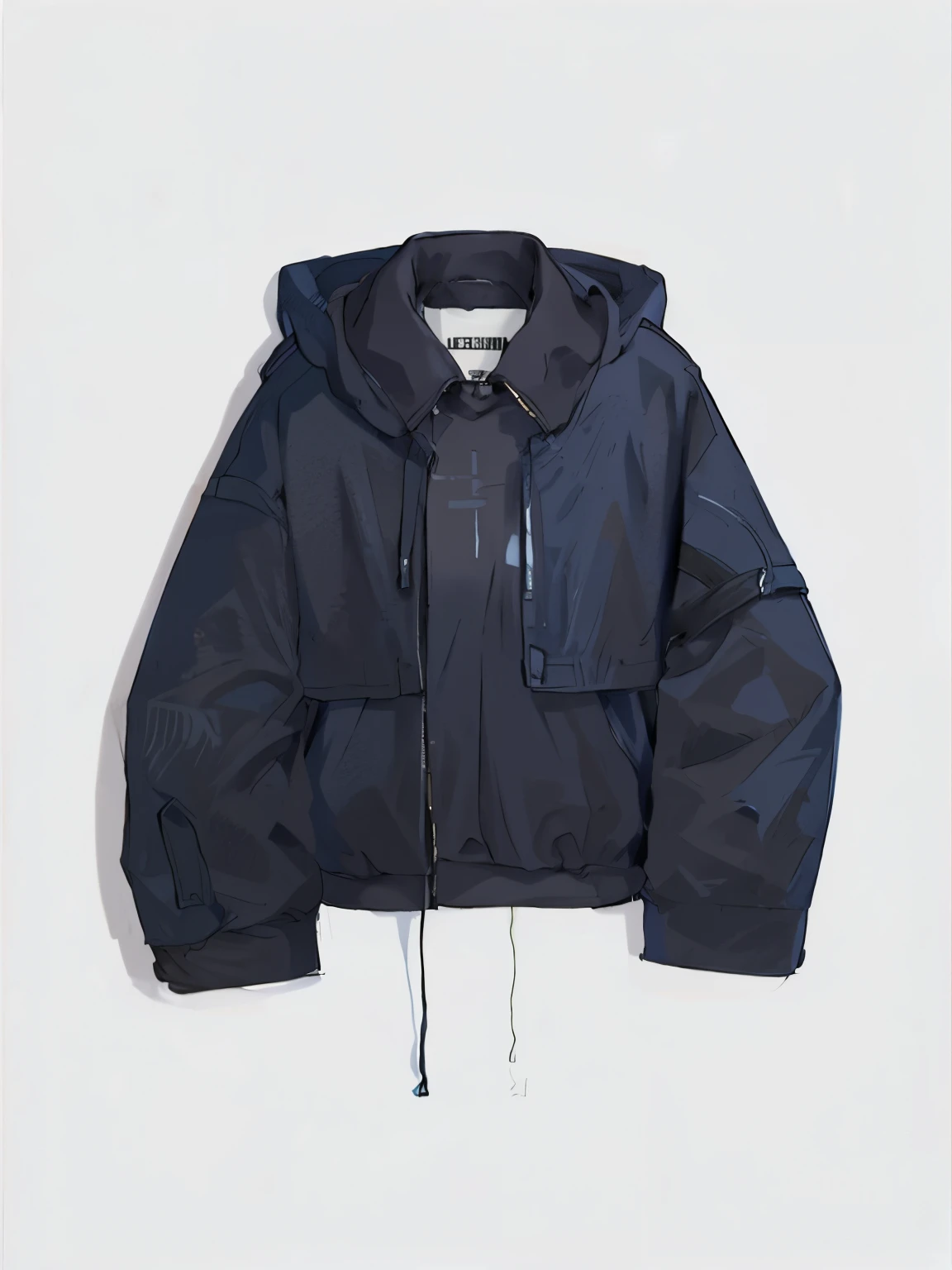 a picture of a black jacket with a hood and a drawstring, jacket, short jacket, liam, navy, ssense, trending on r/techwearclothing, record jacket, oversized, vetements, eal, cropped shirt with jacket, harmony blue jacket, basic, layered, julia hetta, junya watanabe, trench coat with many pockets 2D jacket drawing jacket drawing 2d