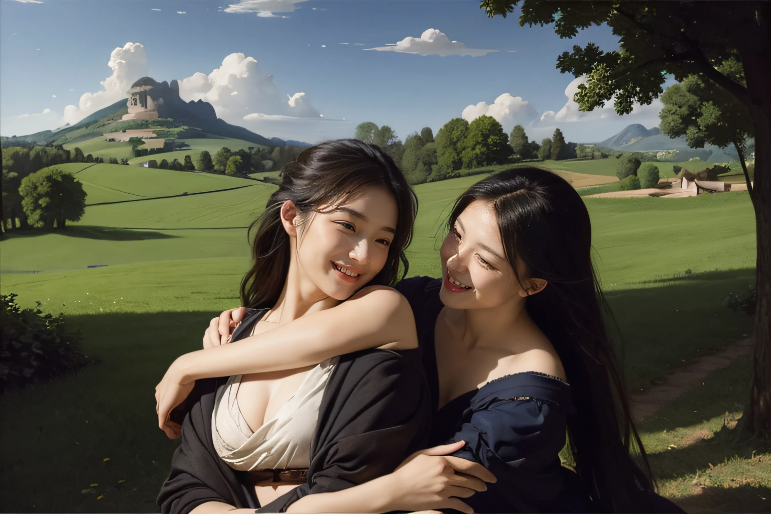 Poussin-style landscape,A smile,,Sweet and seductive appearance.、Caravaggio's paintings、Chiaroscuro of Caravaggio、Hair disheveled in the wind,Two women frolicking,Cute smile, Expression of ecstasy