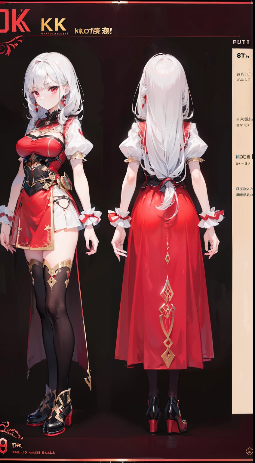 (((8K,top-quality)))1 young girl, character sheets, concept-art, full body Esbian, (​masterpiece:1.2), (Top image quality:1.3), 1girl in, is standing, length hair,Diabolical,Silvery hair,Red Eyes