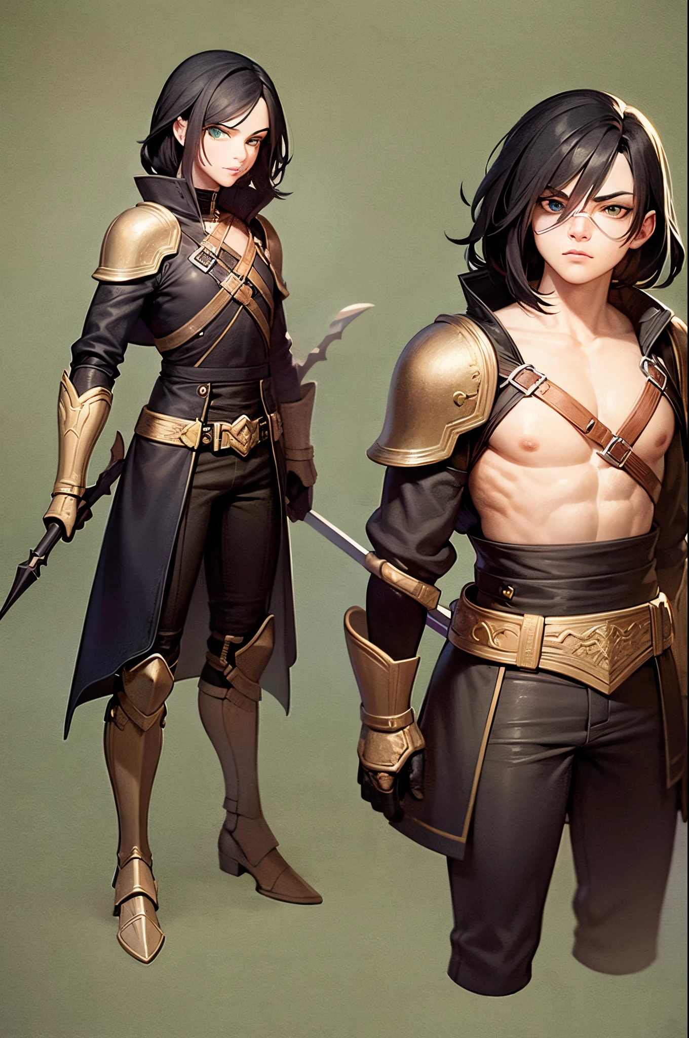 Black hair, green eyes, dnd male halfling, serious facial expression, rogue, light armor, full body portrait, wearing monocle, holding polearm, flat chest, defined muscle, short, concept art