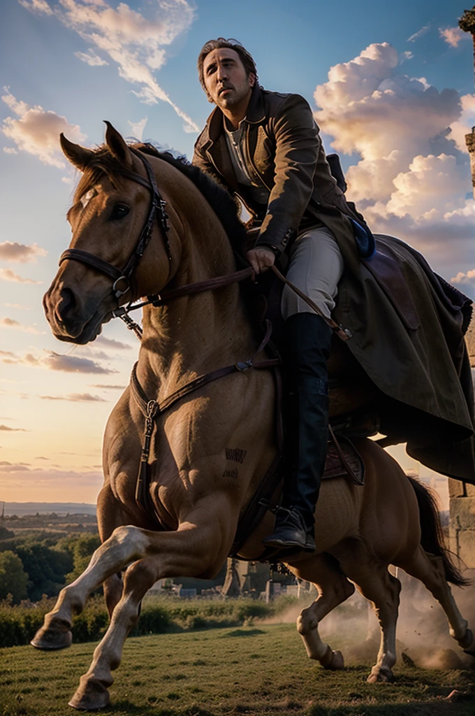 masterpiece, highest quality, nicholas cage riding a majestic unicorn, fantasy, castle, sunset, beautiful sky, beautiful landscape