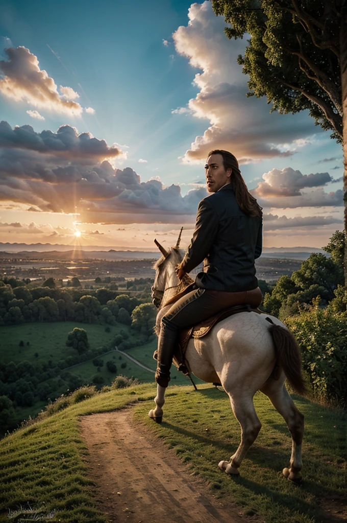masterpiece, highest quality, nicholas cage riding a majestic unicorn, fantasy, castle, sunset, beautiful sky, beautiful landscape