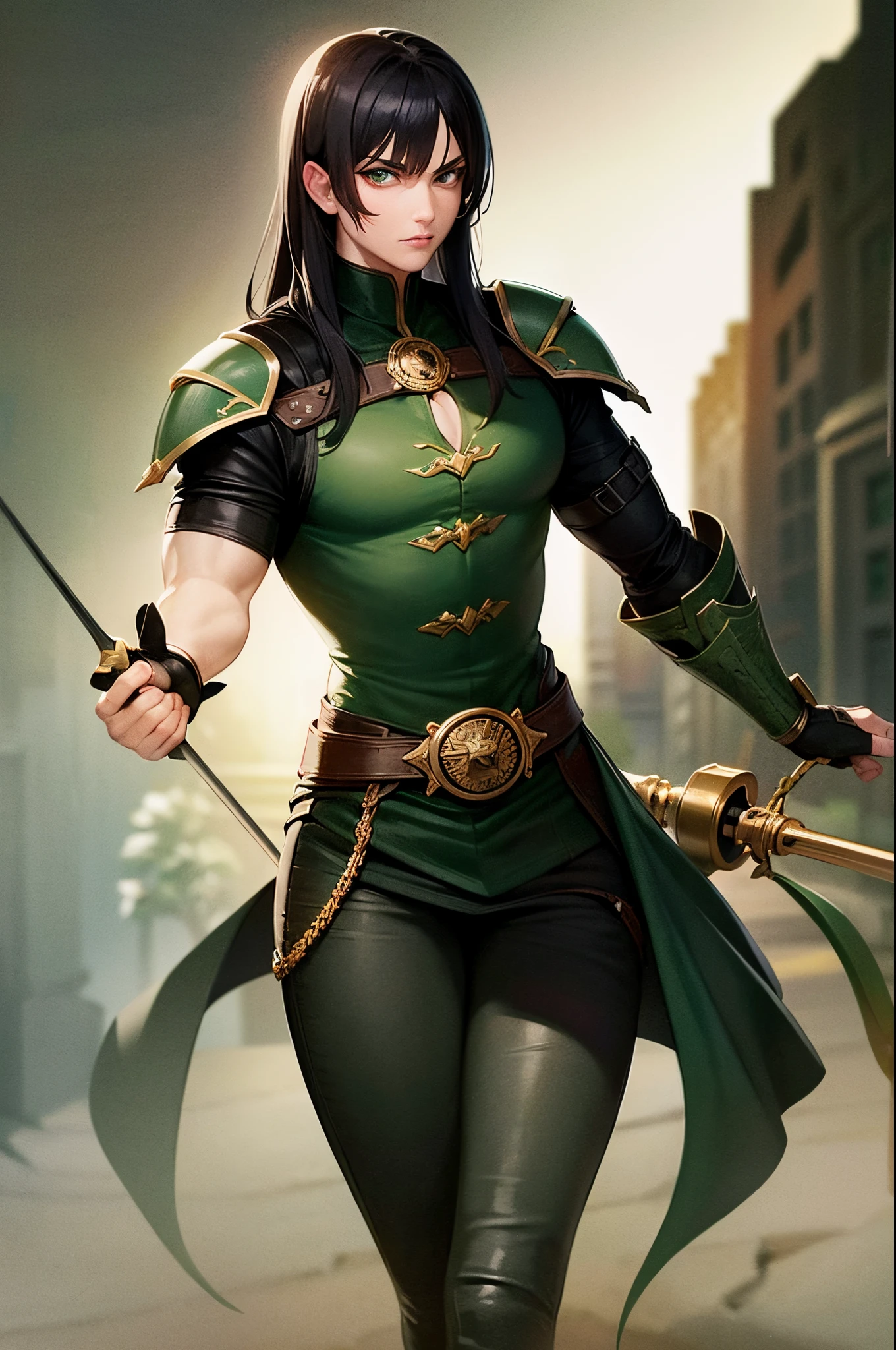 Black hair, green eyes, dnd male halfling, serious facial expression, rogue, light armor, full body portrait, wearing monocle, holding polearm, flat chest, defined muscle, slim