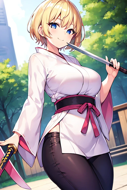 1girl, blonde hair, short hair, yukata, white yukata, pink trim, wide hips, breasts, blue eyes, smile, sword, large breasts, light smile, black pants, pants, adult, woman, long yukata