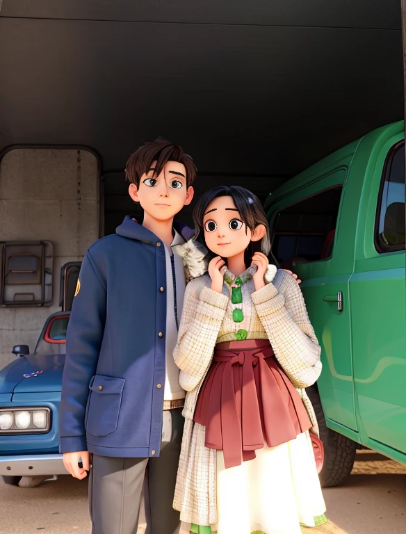 there is a man and woman standing next to a green truck, facebook post, very very low quality picture, high quality upload, 1 st winner, by Matthew Smith, student, waist high, leaked, leaked image, wpol and sarasti, with her long, very clear picture, beautiful surroundings, a picture, artwork masterpiece, hidari and vlop black haired girl