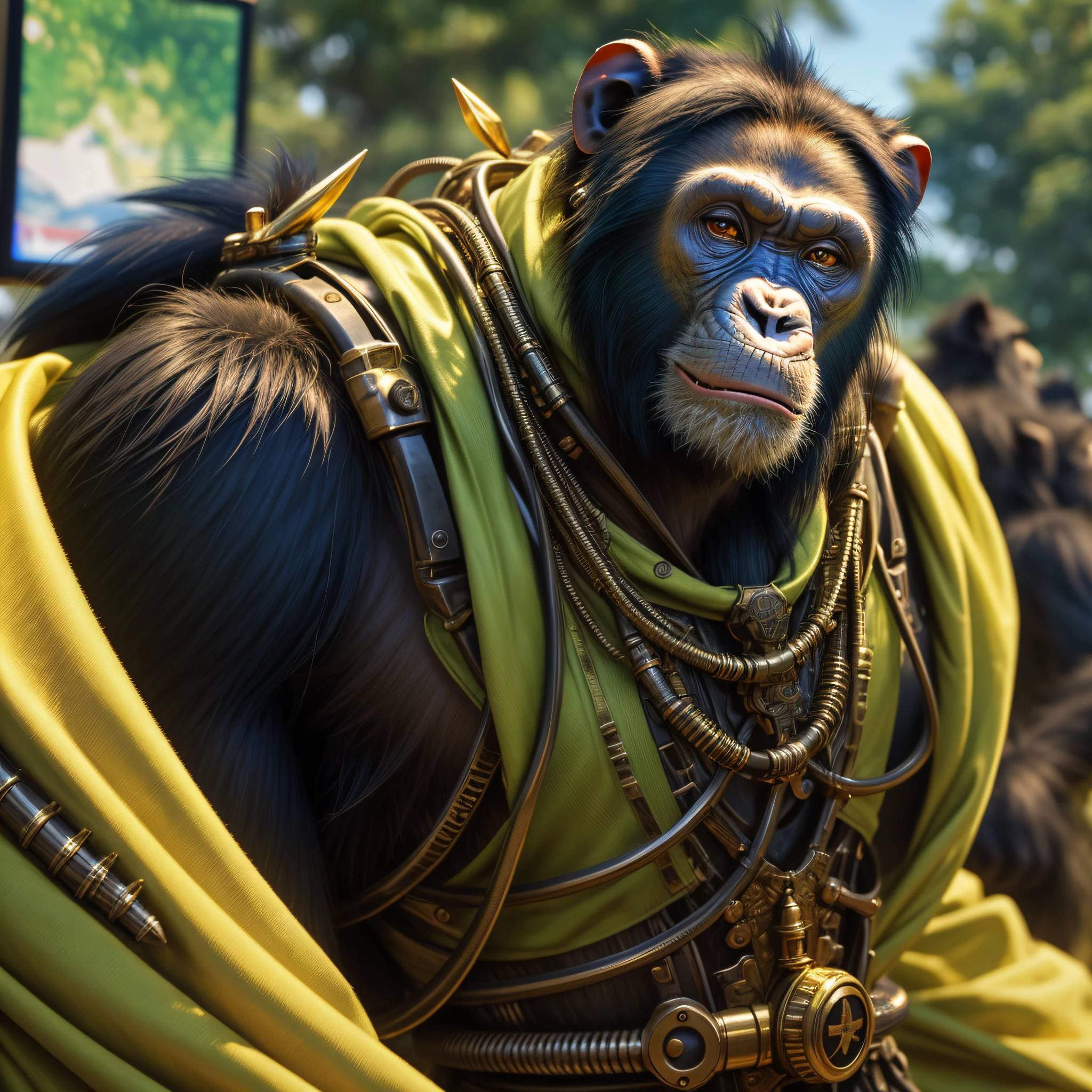 a chimpanzee standing, vestido com robustos adornos africanos, predominantemente amarelo com detalhe verde, Showing the arms. Detail his physical features and highlight the intricate and ingenious details of the steampunk armor he wears, em uma pose legal, looking at the screen with a hateful face. Describe the majestic and imposing presence of the humanoid chimpanzee as it moves gracefully through the scene, Realistic, Pelo detalhado