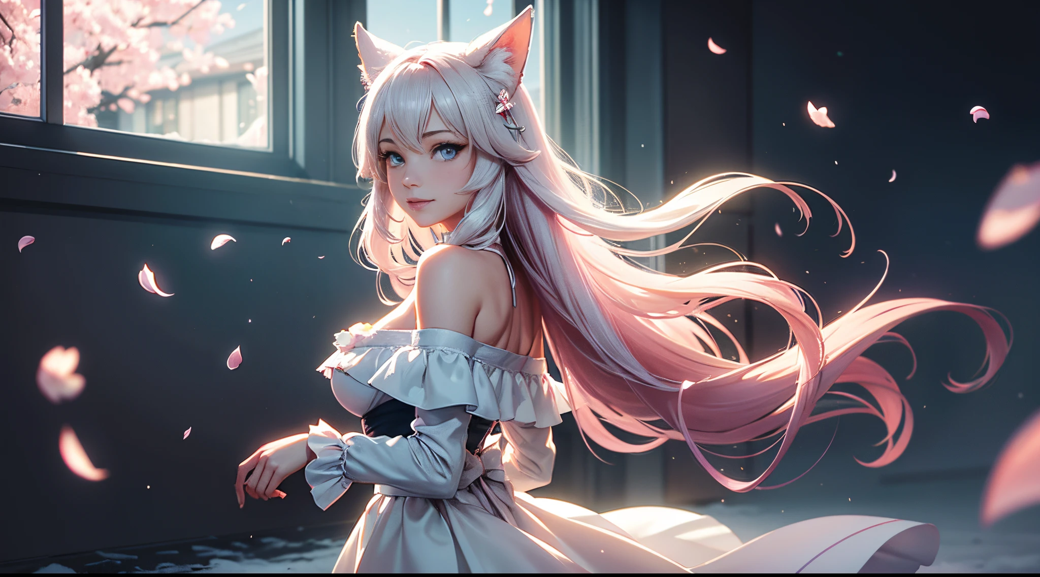 （（best qualtiy））， （（tmasterpiece））， （detail：1.4），（a smile）, Beautiful cyberpunk female images，nffsw（HighDynamicRange），Ray traching，NVIDIA RTX，Hyper-Resolution，illusory 5，sub-surface Scattering，PBR Textures，post processed，Anisotropy Filtering，depth of fields，maximum definition and sharpness，multi-layer texture，Albedo e mapas Speculares，Surface Coloring，Mitsu-Accurate simulation of material interactions，Perfectly proportioned，rendering by octane，Two-colored light，Large aperture，Low ISO，White Balance，Rule three points、8K raw data、Beautiful bright blue pupils，Off-the-shoulder clothing，Fine pupils，Delicate face and eyes，long eyelasher，Blushlush，Delicate and fluffy hair，Pink lip，pure，Cute face，Sweet girl，Artistic sense，Casual wear，Advanced Sense，butterflys，Cherry blossom petals，Beautiful Hair Accessories，long hair and waist，Hair fluttering in the wind，Snow-white fox ears，Curly，Snow-white fluffy tail，Positive Light，The light from the back window is backlighted