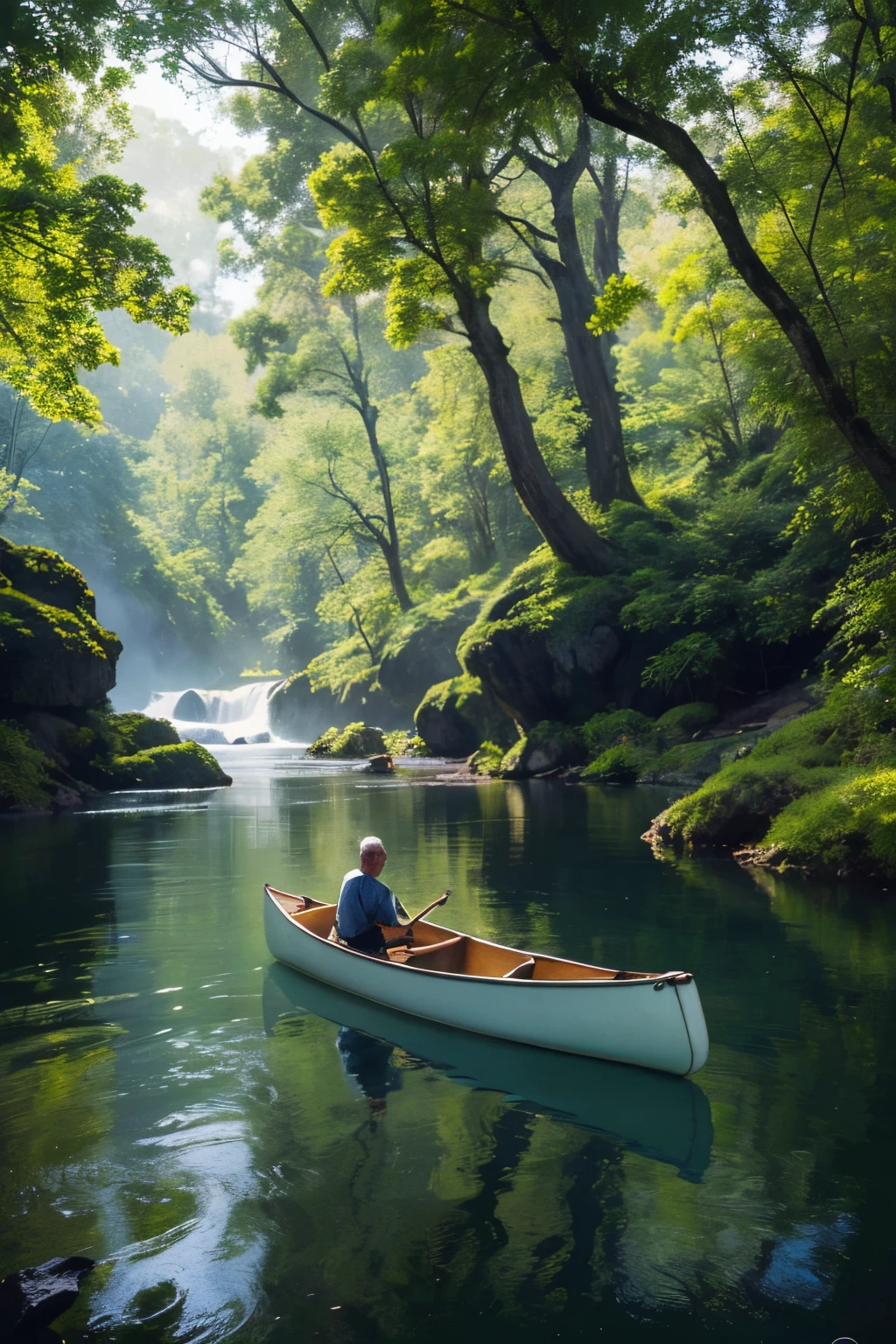 Painting of a man paddling a canoe in a green body of water, Cover art, hd artwork, Digital Art Hi, high detailed oilpainting, James R. Eds, high definition art, Inspired by Eyvind Earle, inspired by Edward Lamson Henry, high detail painting, water painting, Inspired by Henri Biwa, High Definition Digital Art, art poster, HD art