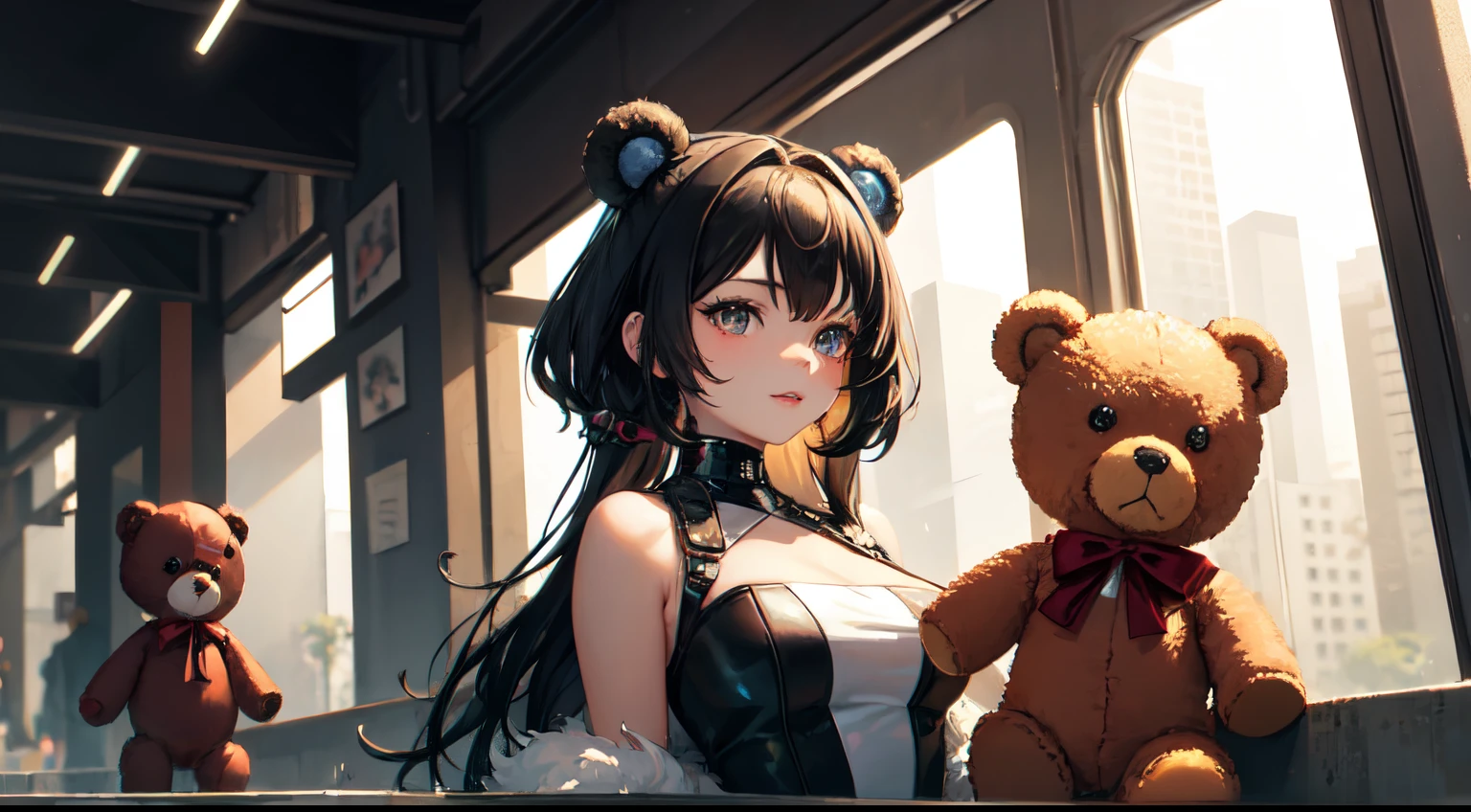cyber punk style，laser，The city of the future，3 happy teddy bears，Extremely cute furry artist Teddy Bear baby wearing a dress and having fun，Don't be characterized，Gorgeous dreamy imaginative background，Ultra HD large image，artist style，Rich and professional lighting effects，3 little teddy bears playing，Perfect facial detail，Don't be characterized