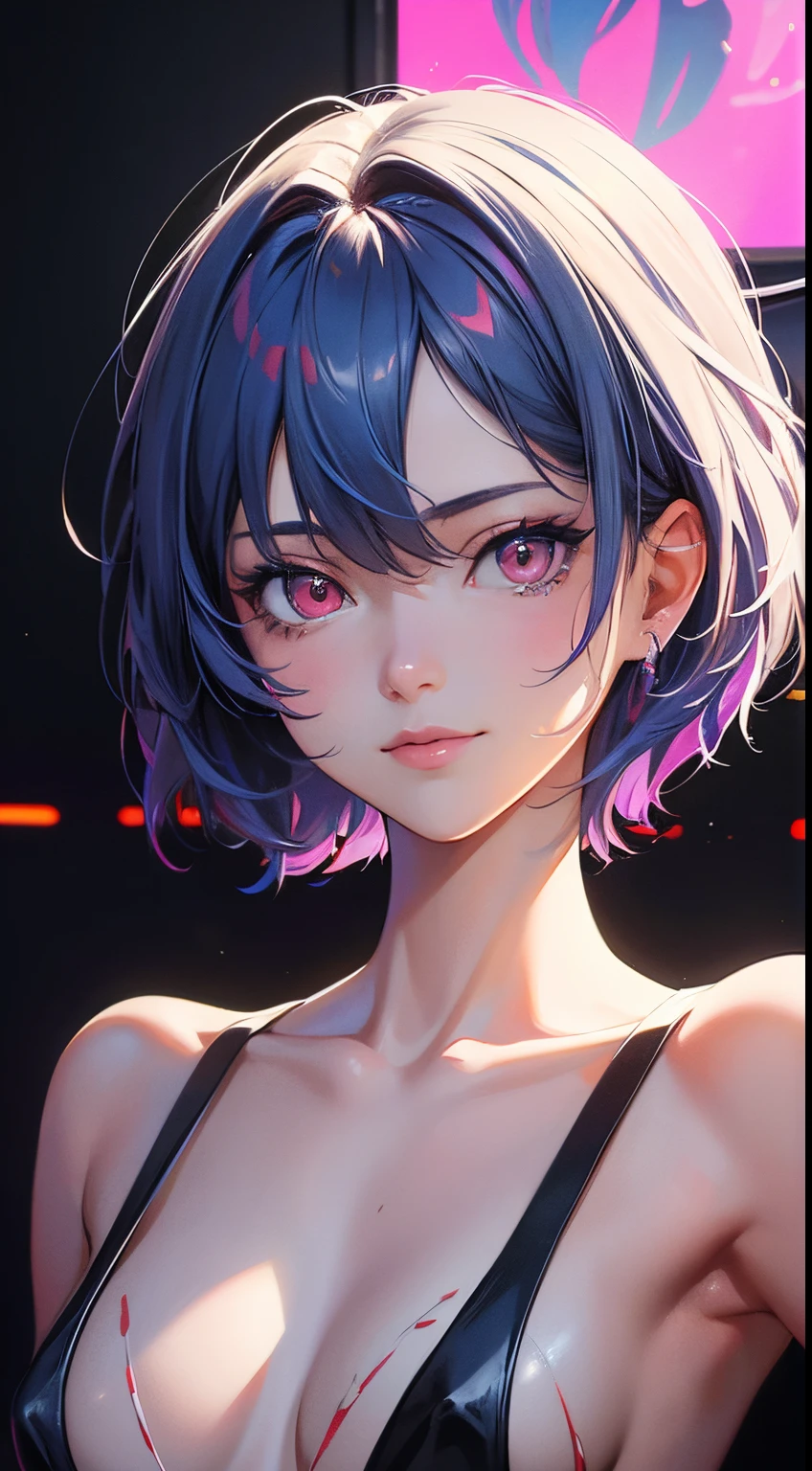 Evangelion Cockpit,Masterpiece portrait of a smiling Rei Ayanami (Evangelion), Evangelion (Hideaki), Caustics, High resolution illustration,14years, Red Eyes, Feminine, no pupils, Blue hair, Short hair, Very small breasts,Japan school uniform, lowfers, swpunk, Synth Wave, Paint splatters, shaded flat illustration, Digital Art, Trending on ArtStation, Highly detailed, Fine detail, Convoluted, Splatter, Outrun, Vaporware, neon color