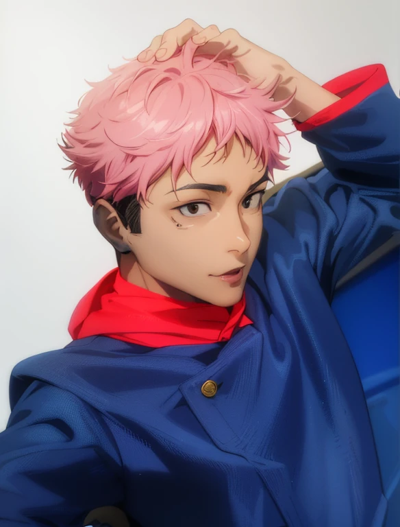 master part, best quality, alta qualidade, 1st grade, sozinho, Foco masculino, Olhando para o Viewer, parte superior do corpo, Itadori_Yuuji, cabelo rosa, Minar,