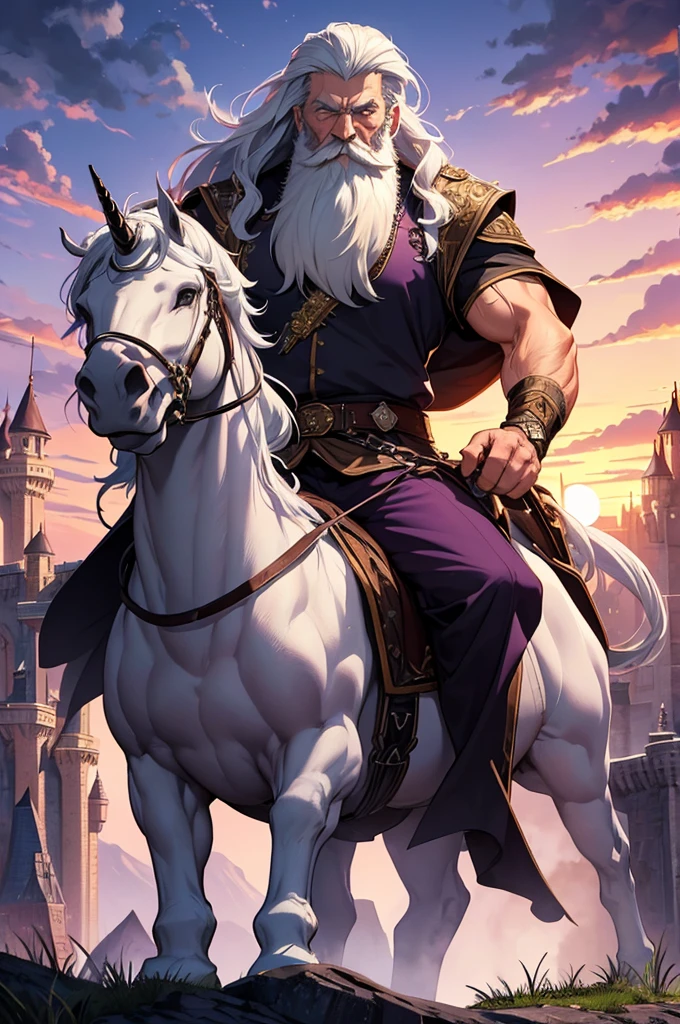 masterpiece, highest quality, badass wizard, extremely muscular, old man, long beard, white hair, riding a majestic purple unicorn, fantasy, castle, sunset, beautiful sky, beautiful landscape