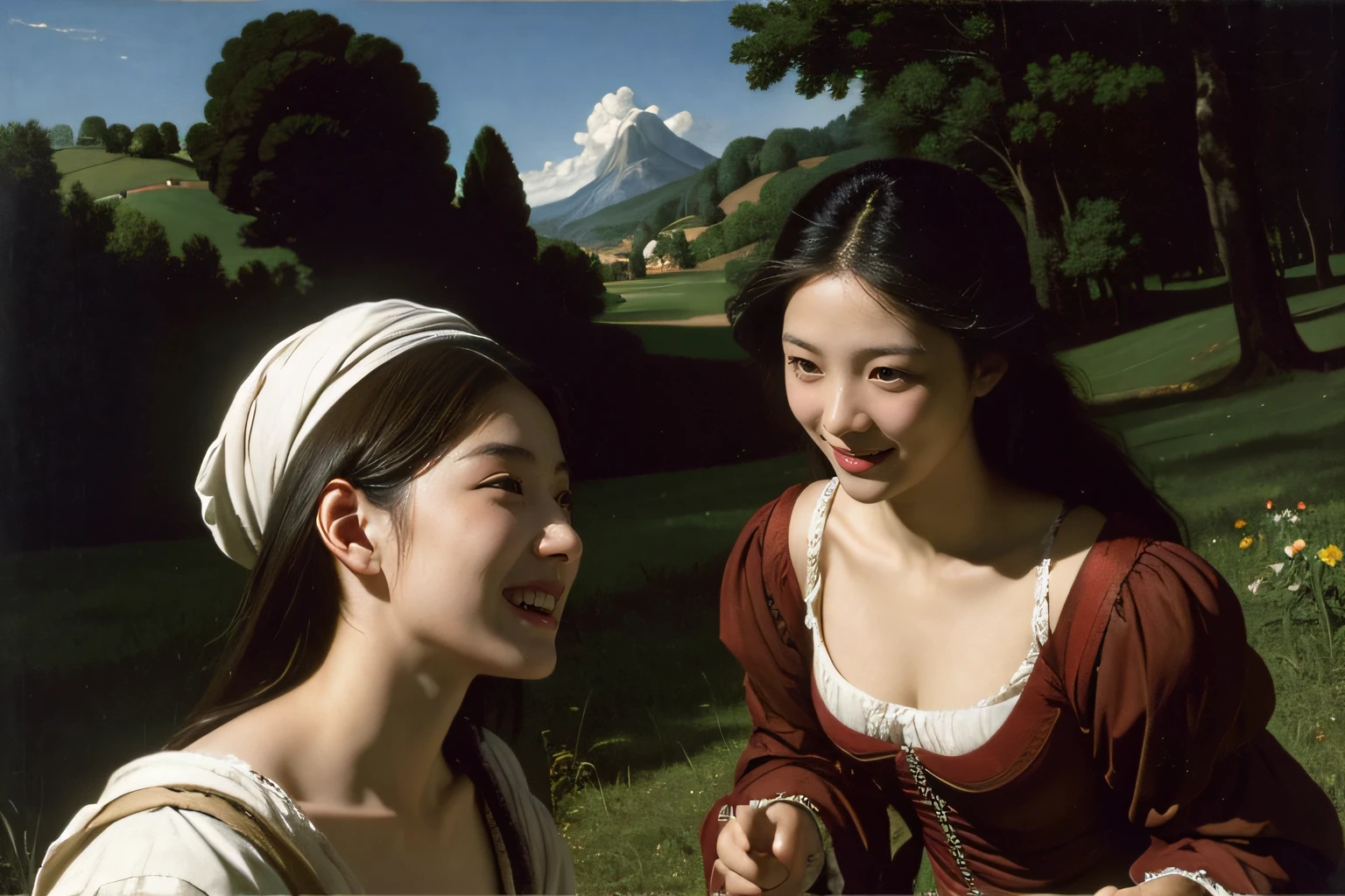 Poussin-style landscape,A smile,,Sweet and seductive appearance.、Caravaggio's paintings、Chiaroscuro of Caravaggio、Hair disheveled in the wind,Two women frolicking,Cute smile, Expression of ecstasy