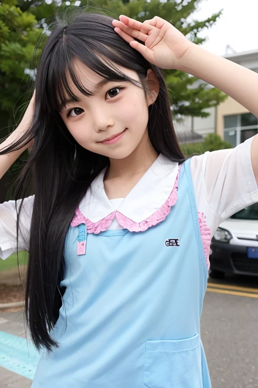cute, girl, junior high school student, black hair, twin tails, , short sleeves, short skirt, white socks, small bust, blush, smile, see-nipples