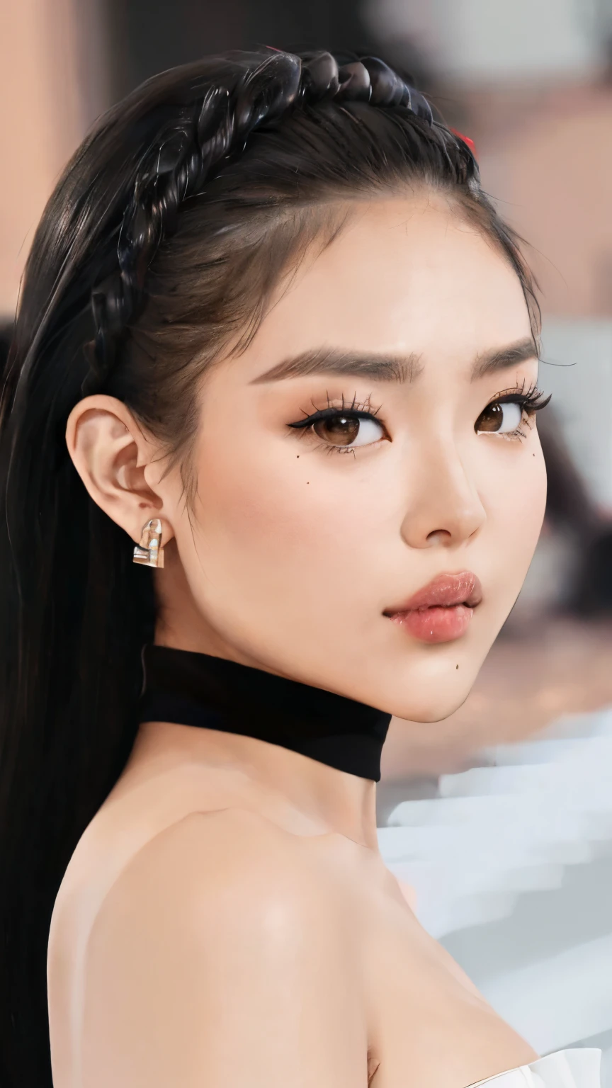 una mujer con cabello largo y negro que llevaba un estrangulador y una gargantilla, Blackpink Jennie, maquillaje popular de Corea del Sur, Parque Roseanne de Blackpink, Lalisa Manobal, maquillaje coreano popular, Wan adorable cara coreana, Jossi de Blackpink, Joven y adorable rostro coreano, Beautiful aesthetic face, Hermosa mujer surcoreana, Retrato de Jossi de Blackpink, Rasgos de la cara coreana