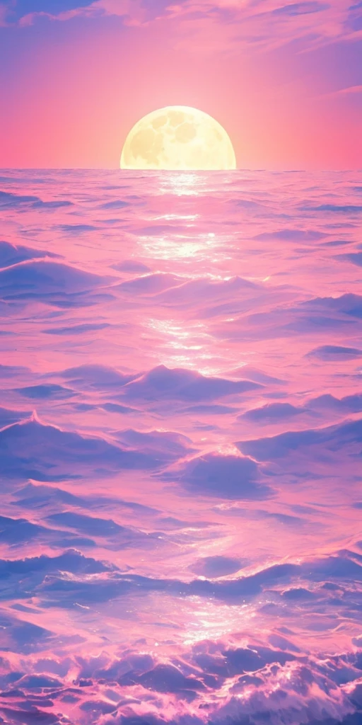 pink moon, pink sky, soft pink clouds, pink sea waves sparkling, shimmering, pink roses in pink sea, fantasy, diamonds, crown, space, soft light,
