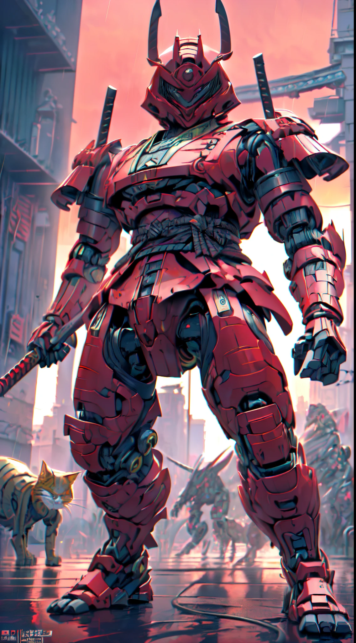 Guro:1.4 guerrero (((gato_robotic_ciborgsizado_samurais:1.3)))  gato_Ciberespacio_samurais , traje de samurai roto , robotic samurai suit red color human form,samurais_ciborg_gato:1.3)) ((hiper realista hiper:1.3 componentes detallados:1.2))  ((HITECH1 visible robotic parts.3)) biocybernetic biomecha bioroboticcat necrotic skin necrotic lesion ((ciborg_gato))head Fangs Robotic feline cats bleeding wounds hydraulic hose connections (((anthropomorficfic)) pararse Pararse sobre dos piernas, (((Armadura Samurai Roja))) ((human size character)), , Japan, noche, Lightning and rain, castillo zen((red samurai robotic armor)bre dos piernas) Rainy Days Cyberpunk Future War Apocalypse Outside Japanese Castle VFX CGI Digital Illustration, fuentes digitales Fondo de pantalla Media 16k