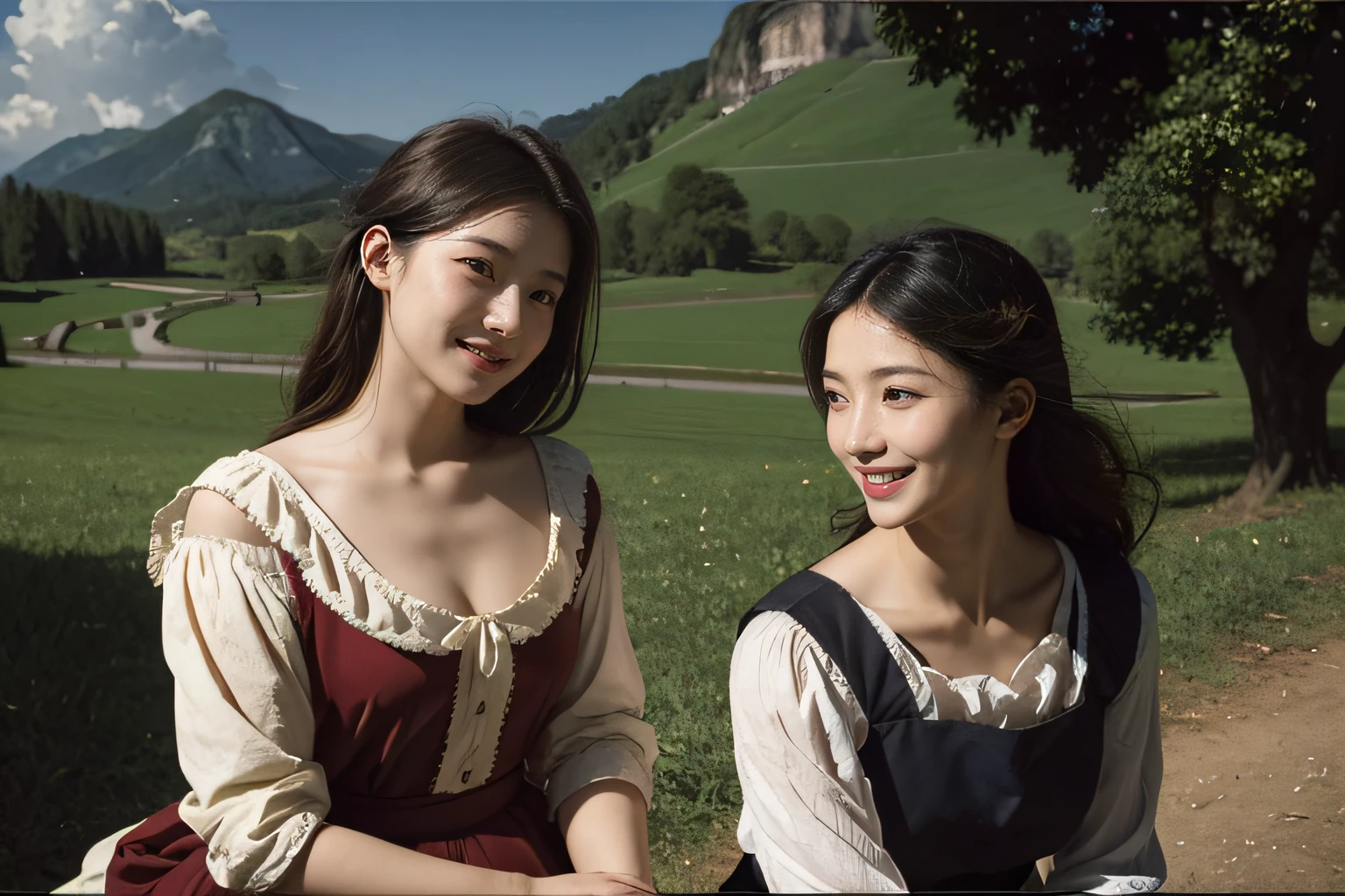 Poussin-style landscape,A smile,,Sweet and seductive appearance.、Caravaggio's paintings、Chiaroscuro of Caravaggio、Hair disheveled in the wind,Two women frolicking,Cute smile, Expression of ecstasy